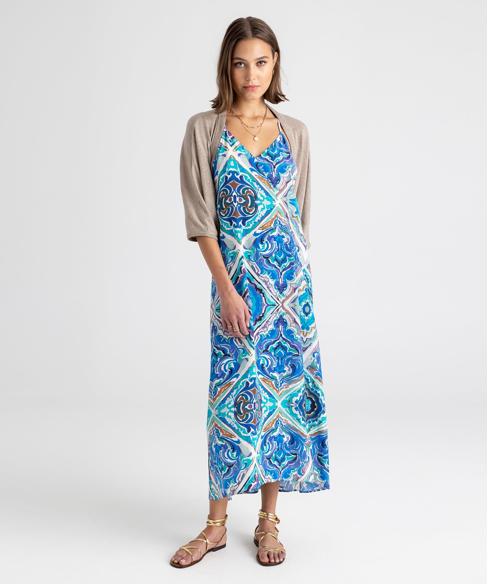 Model wearing Lisbon Tile Scarf Dress in color Sea Blue