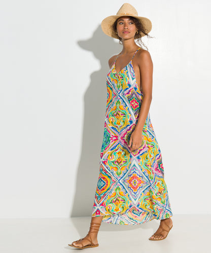 Lisbon Tile Scarf Dress in color Sunshine on model