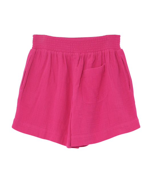 Supersoft Gauze Smocked Shorts in color hibiscus - back of shorts.