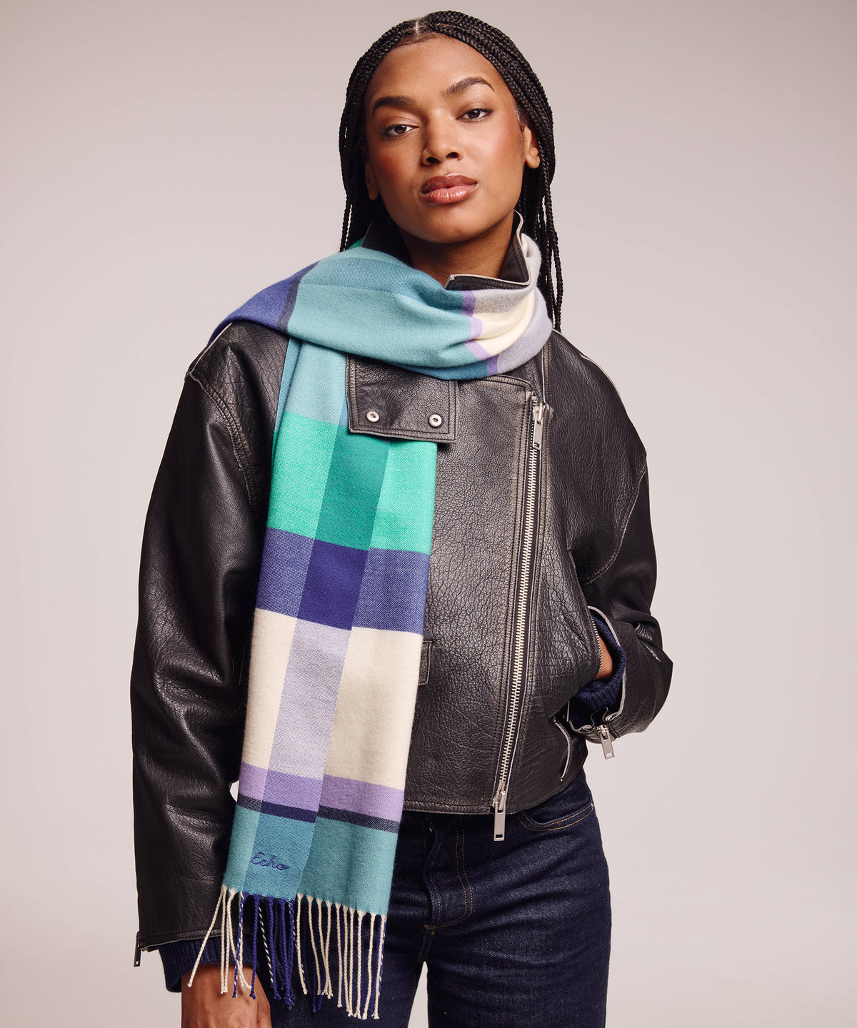 Oblong cubist plaid scarf in Ultramarine