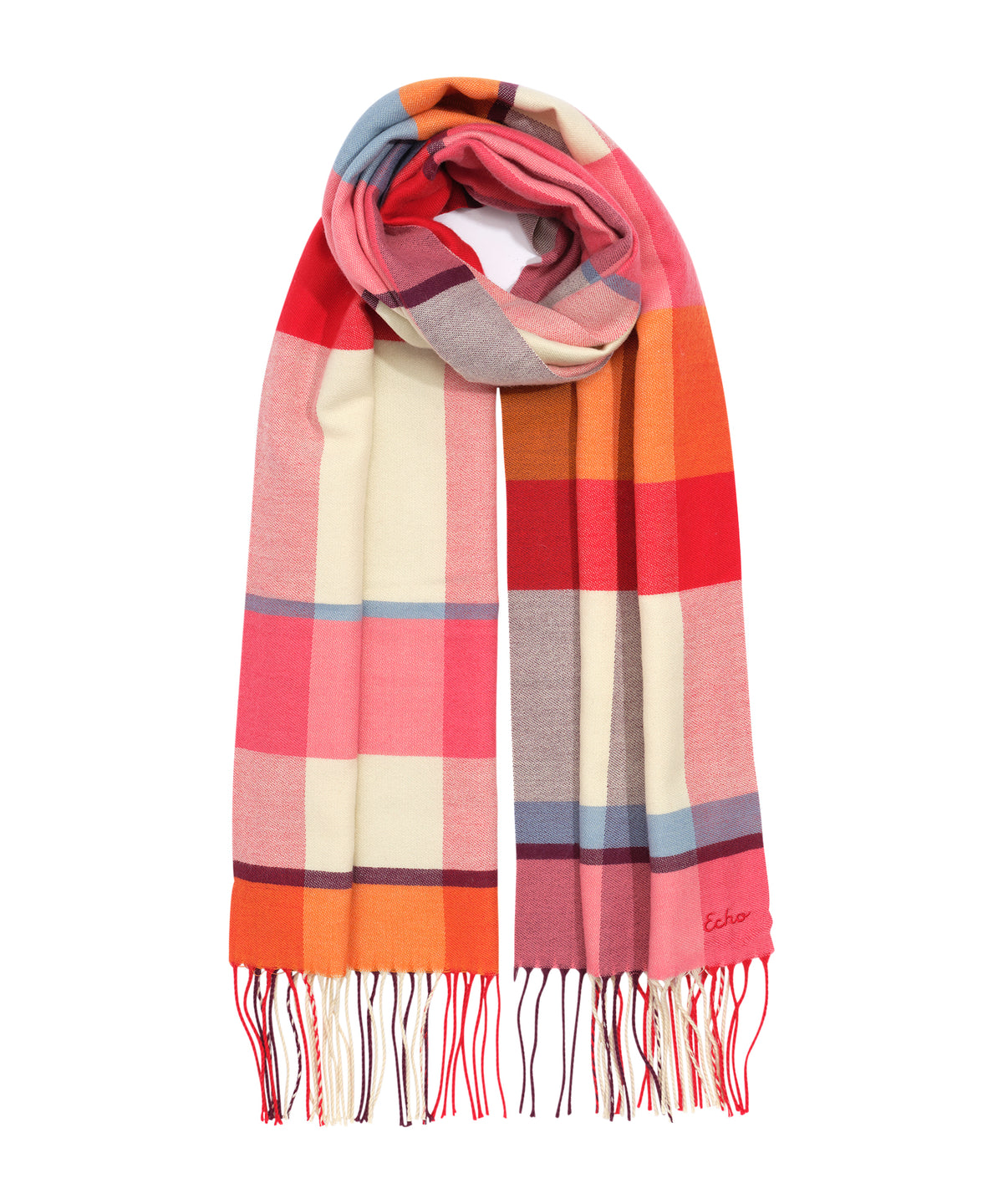 Oblong cubist plaid scarf in Black and Dahlia