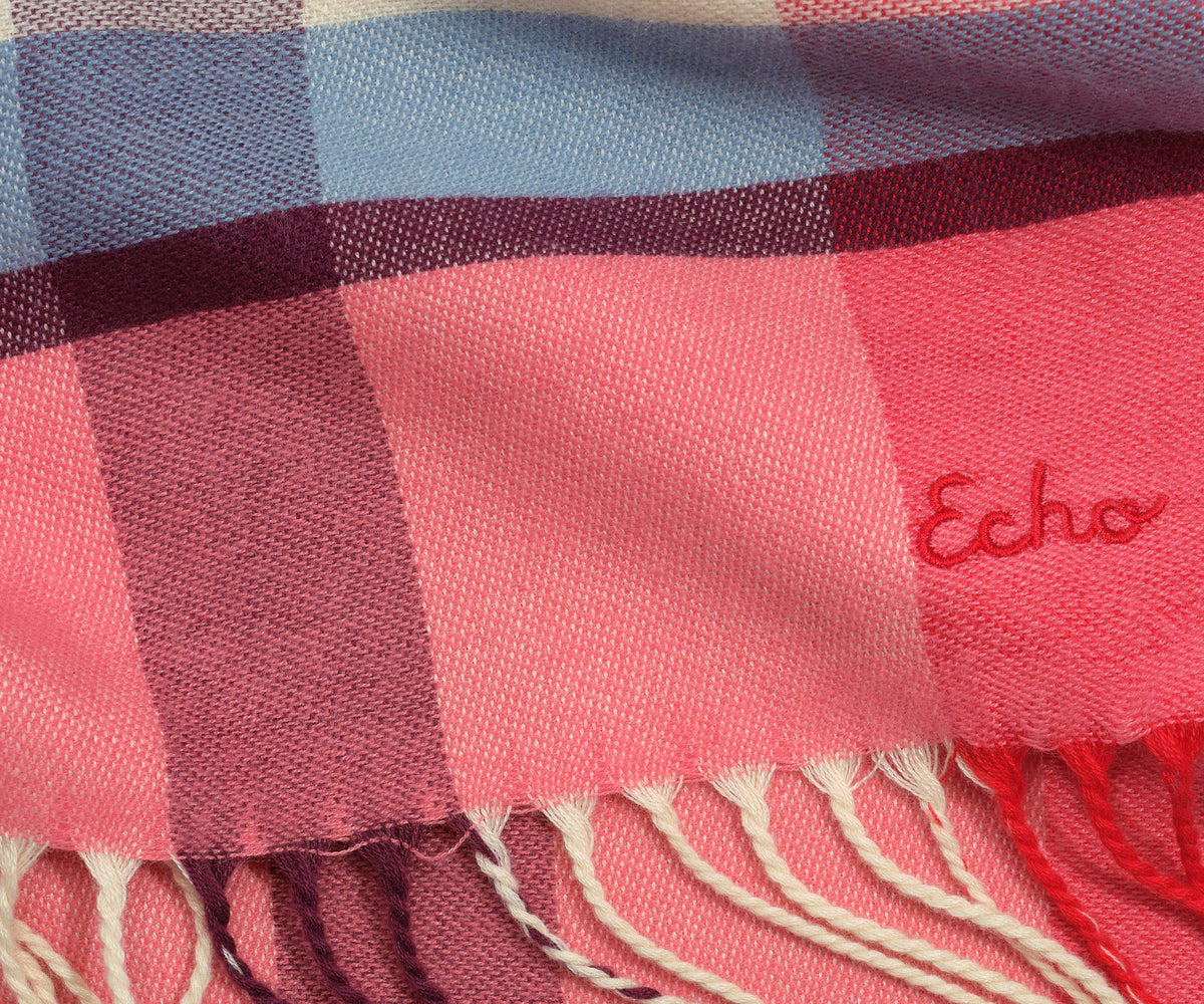 Oblong cubist plaid scarf in Black and Dahlia