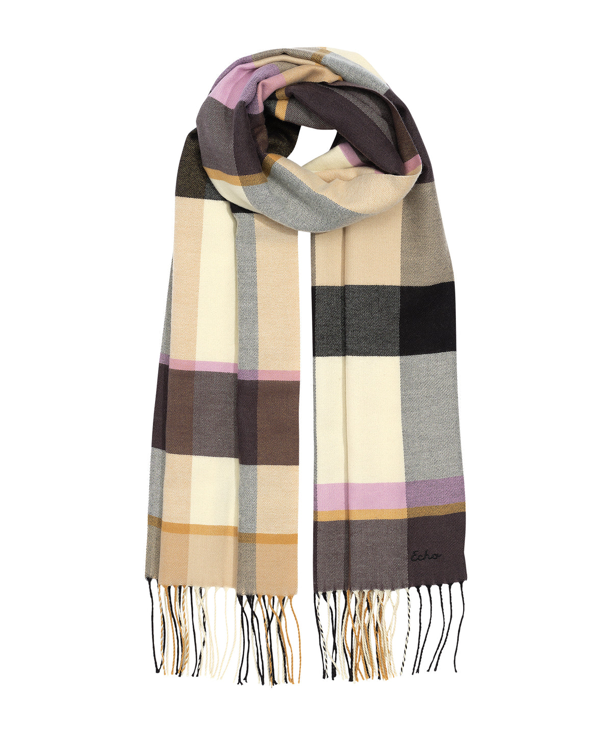Oblong cubist plaid scarf in Black and Beige
