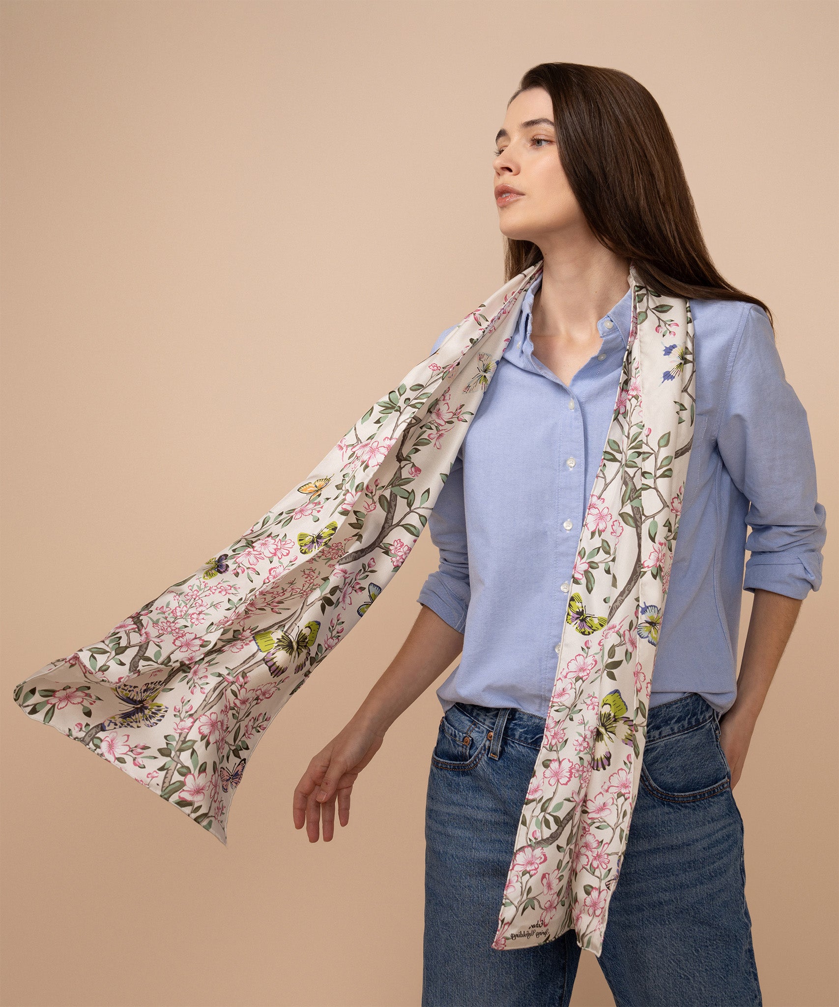 Spring Unfolding Silk Oblong Scarf in color cream