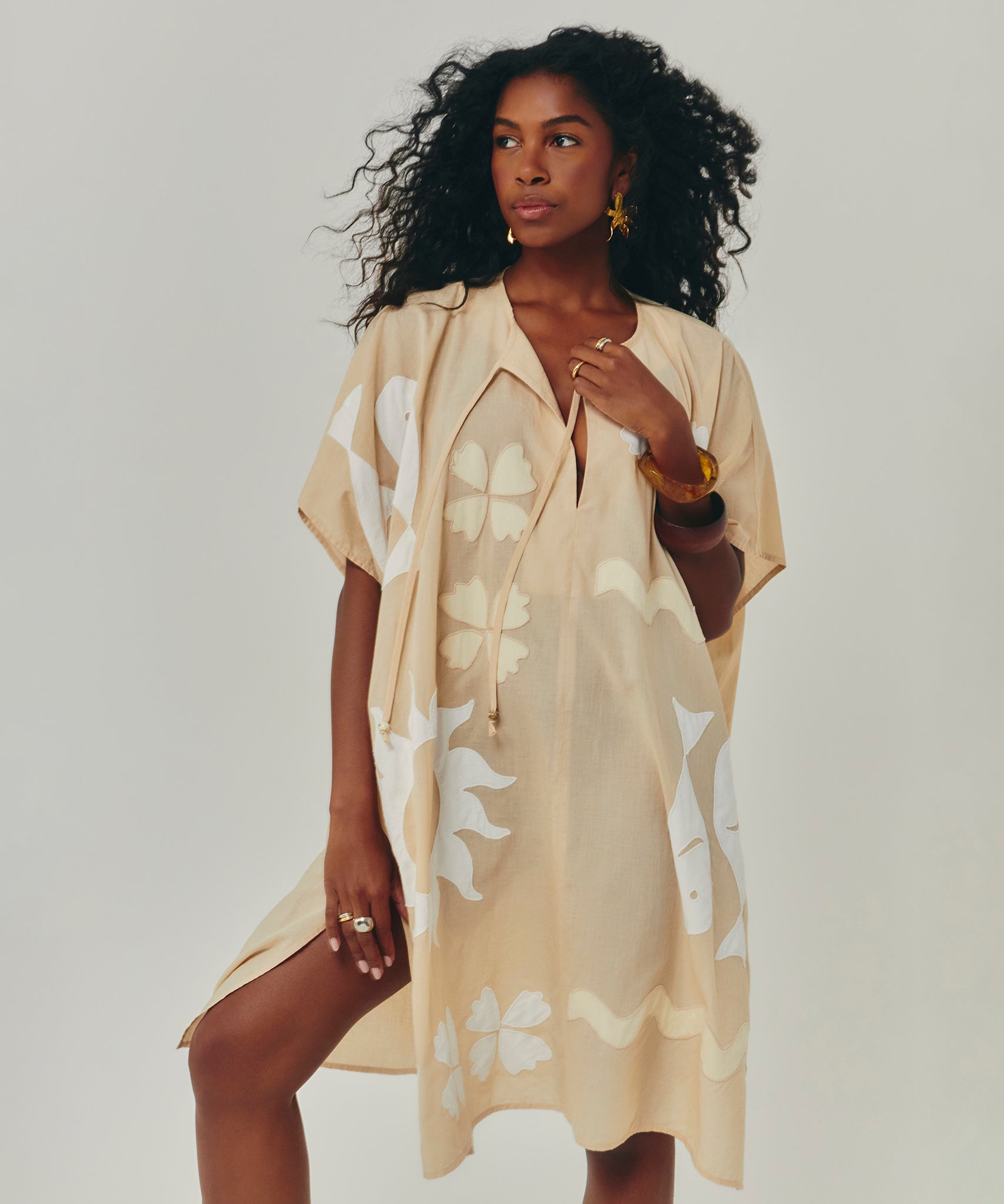 Sunup Applique Caftan in color cream