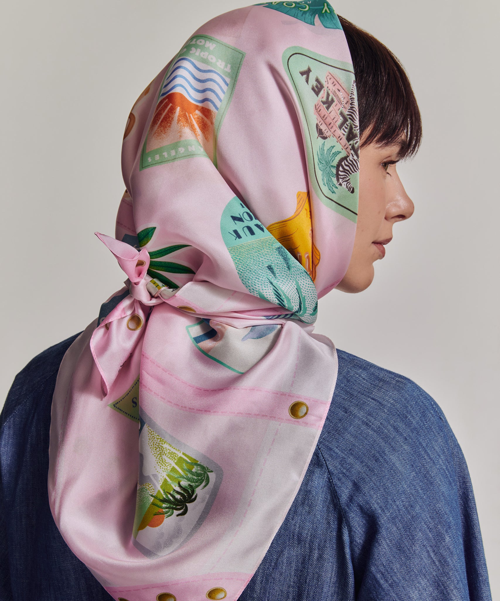 Travel Stickers 35" Silk Square Scarf in color beach pink