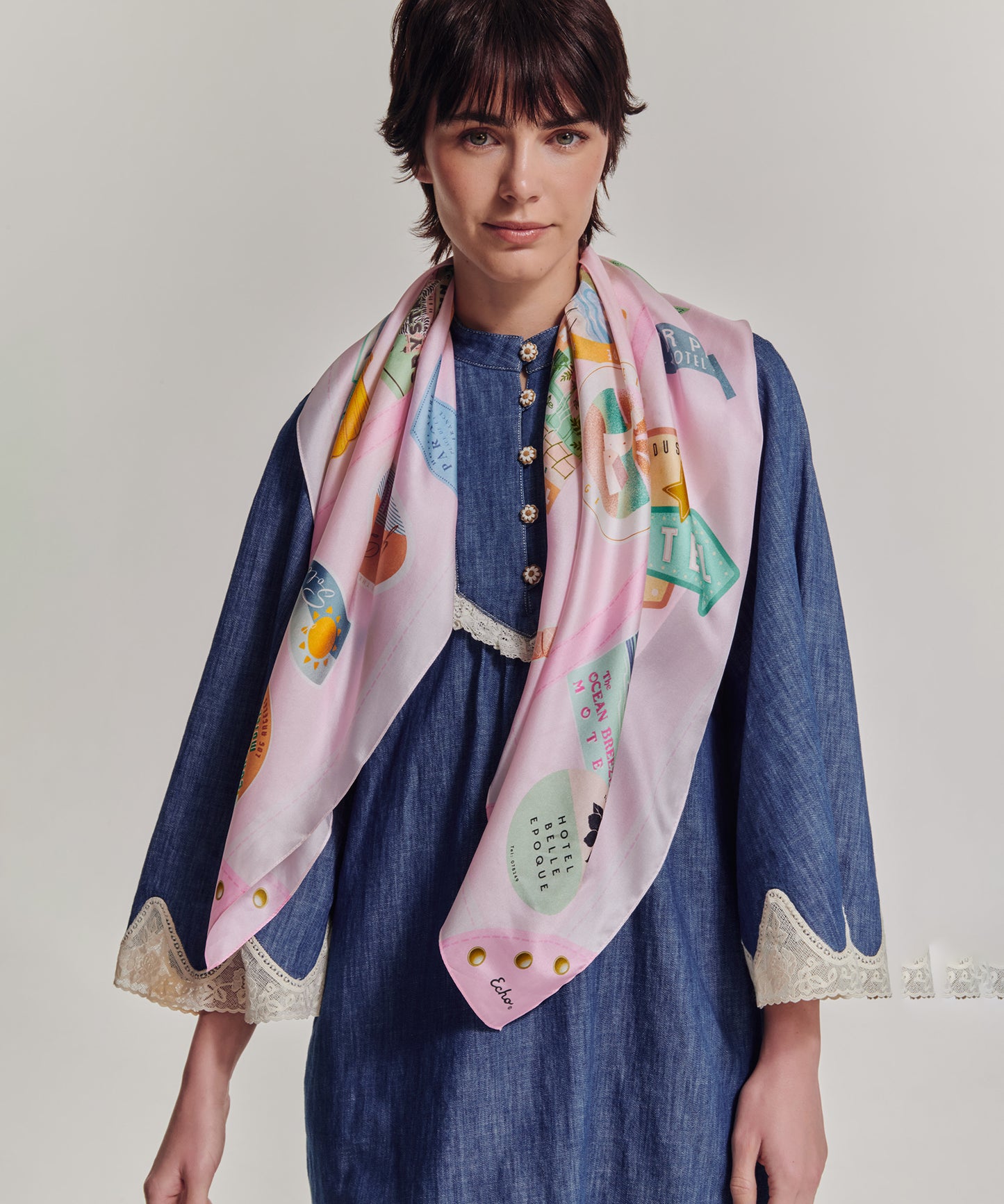 Travel Stickers 35" Silk Square Scarf in color beach pink