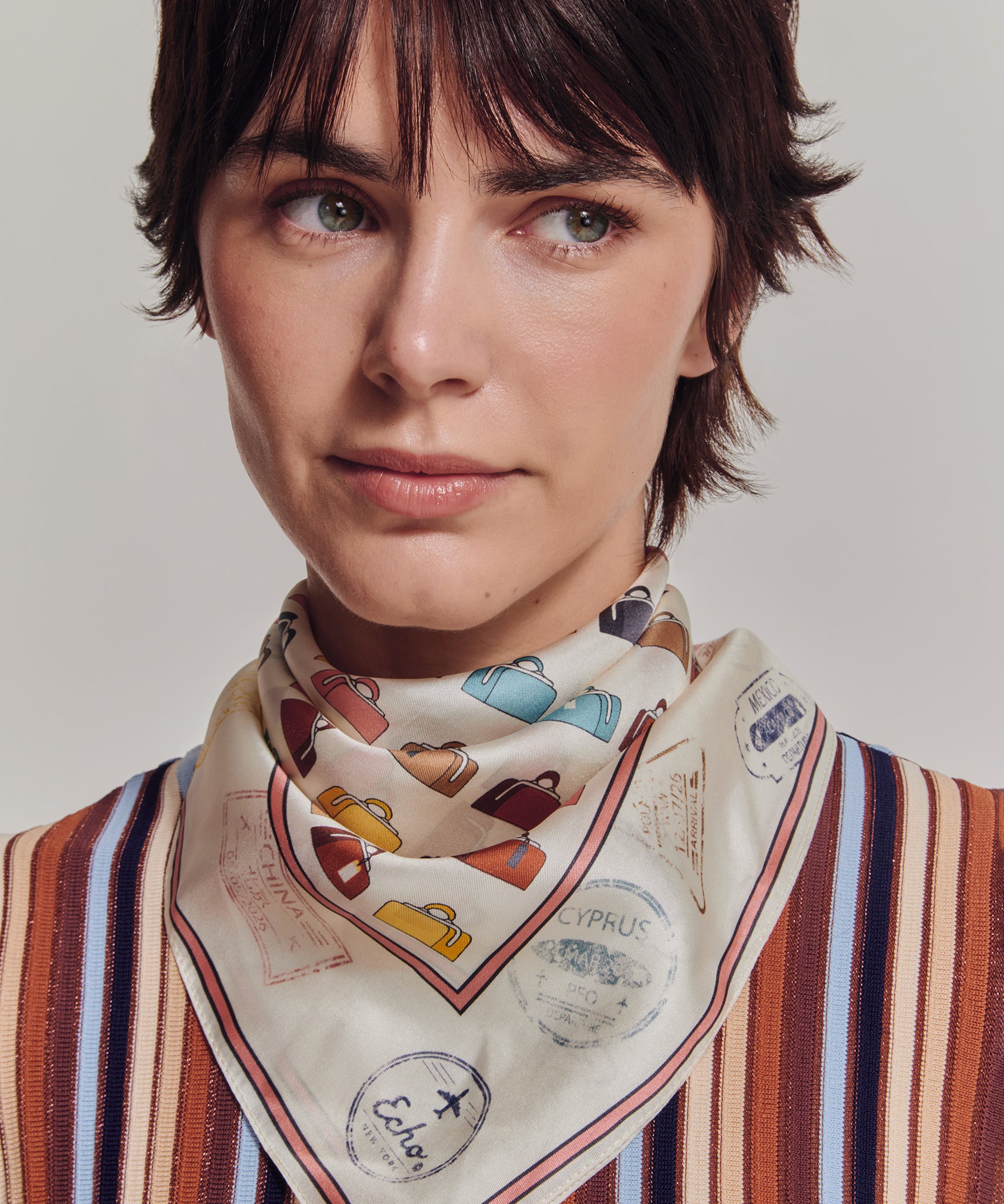 Vintage Luggage Silk Bandana in color pebble