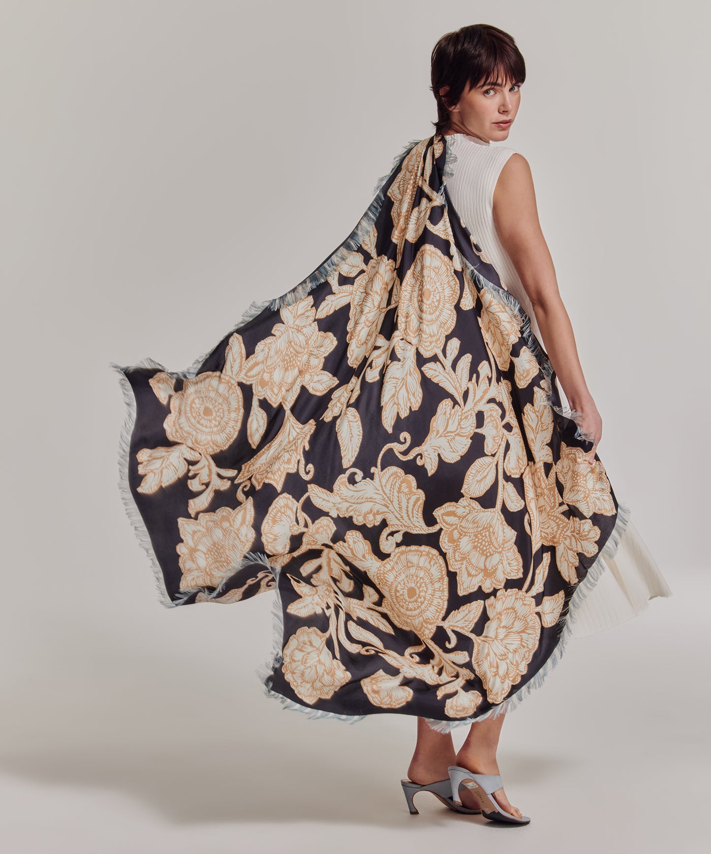 Block Floral Oversized Silk Square Scarf in color black