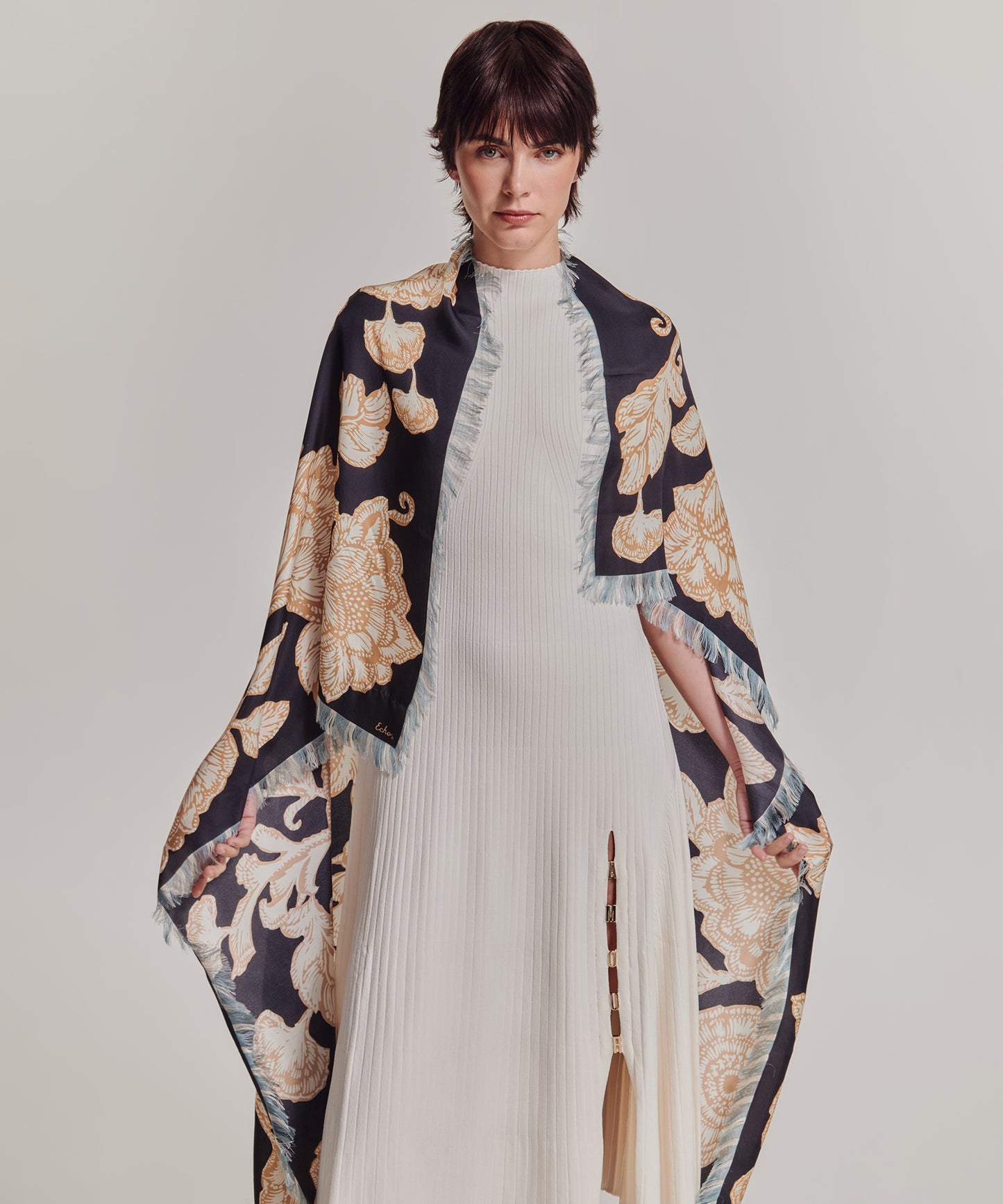 Block Floral Oversized Silk Square Scarf in color black