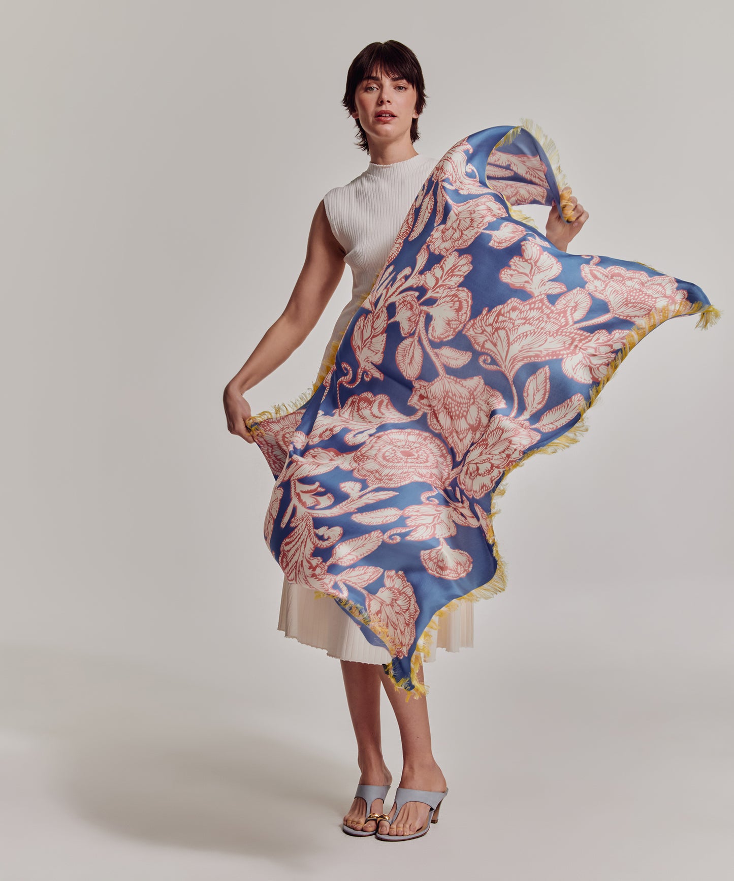 Block Floral Oversized Silk Square Scarf in color chambray