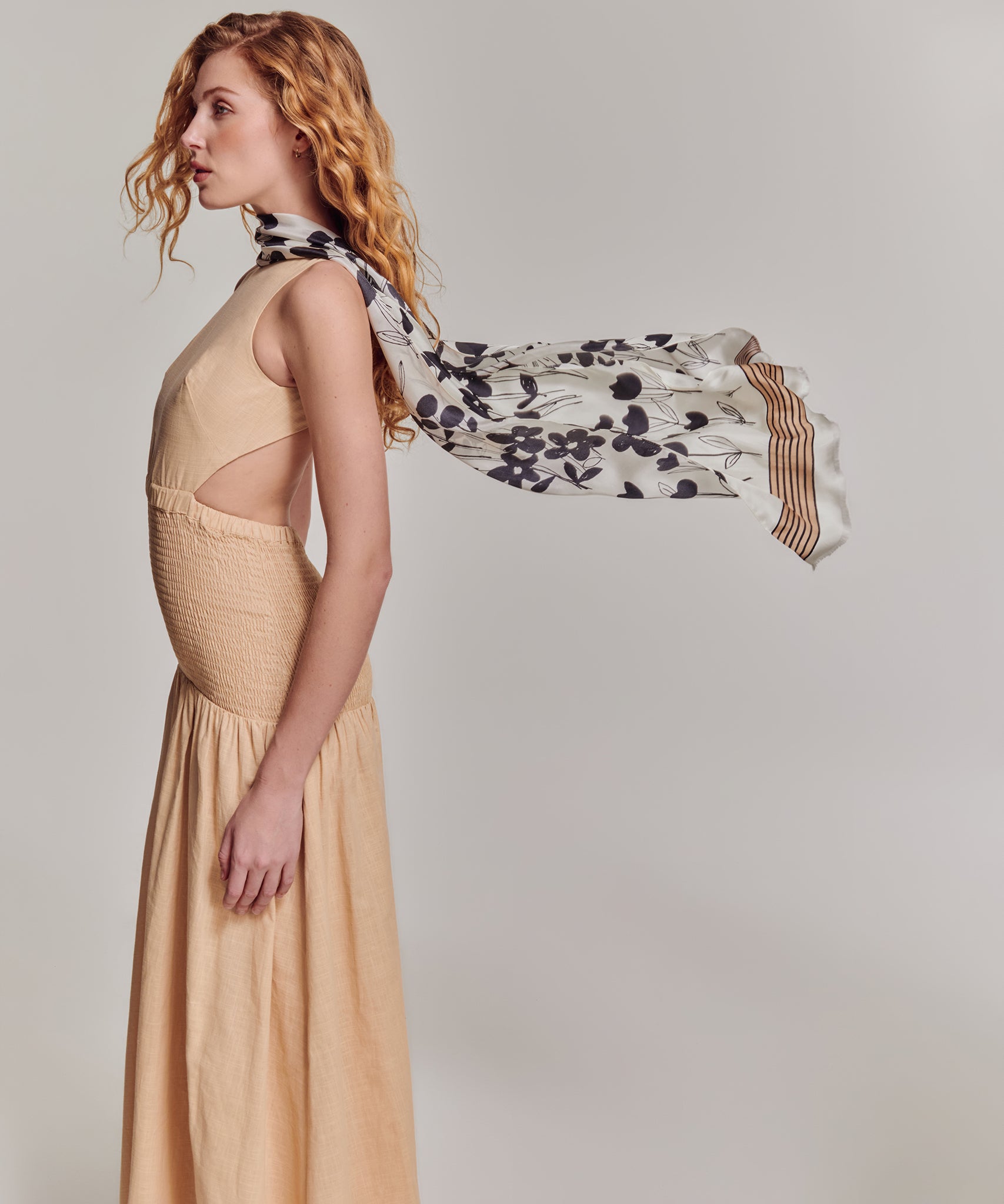 Scribble Floral Silk Oblong Scarf in color cream