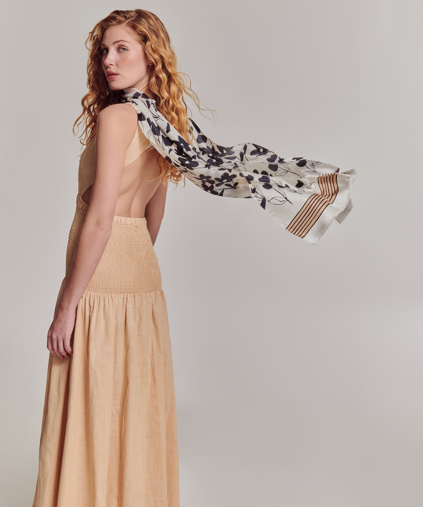 Scribble Floral Silk Oblong Scarf in color cream