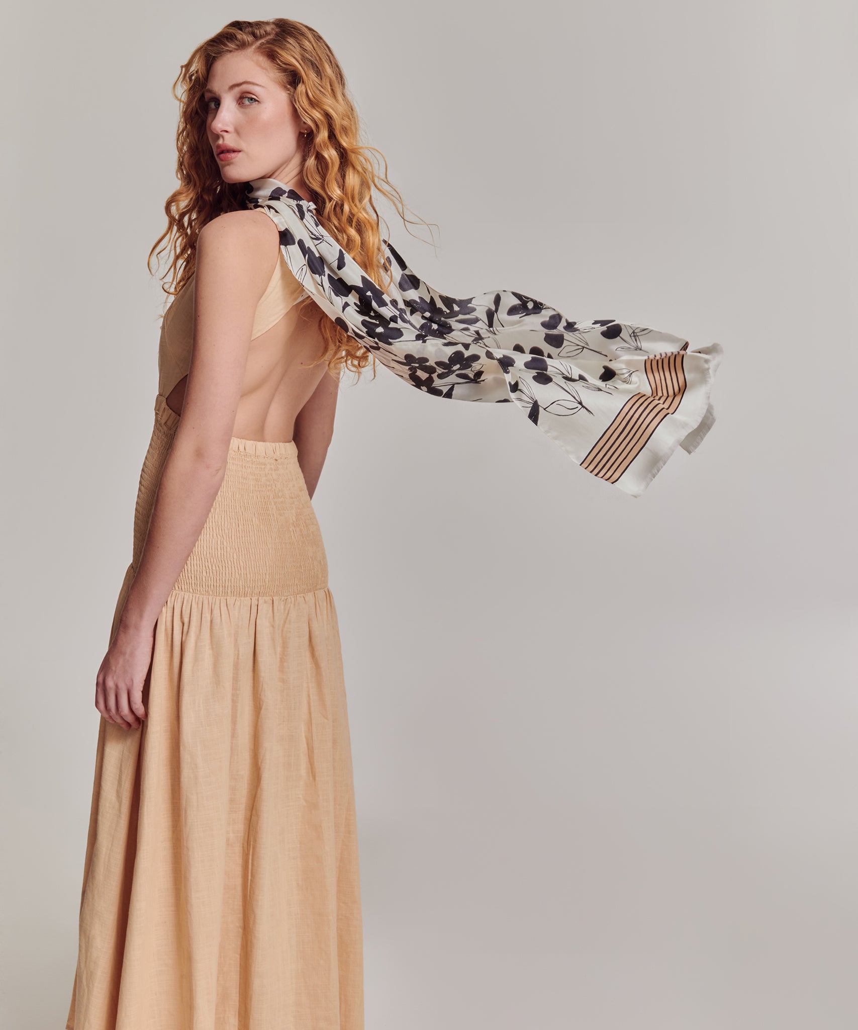 Scribble Floral Silk Oblong Scarf in color cream