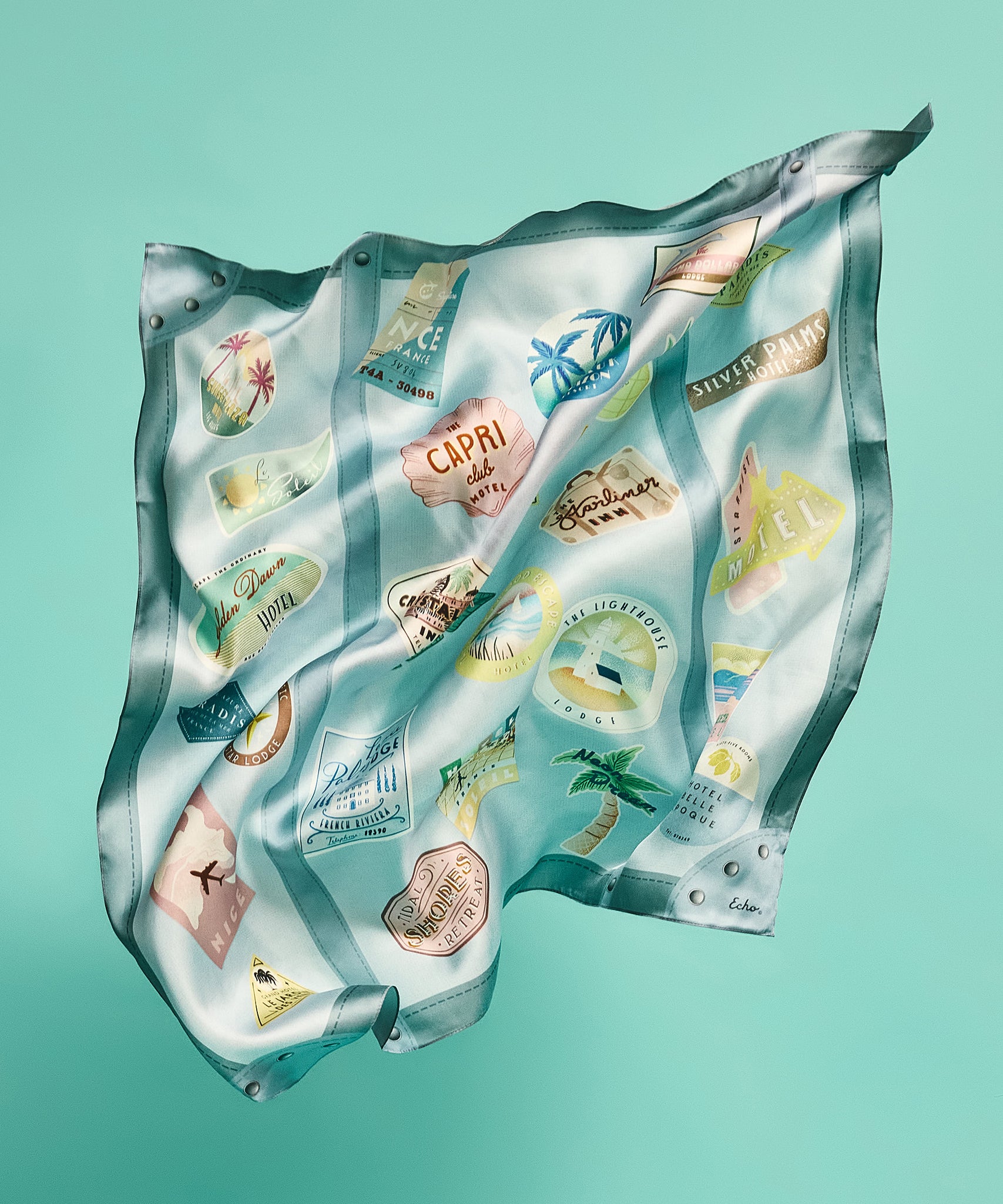 Travel Stickers 35" Silk Square Scarf in color blue shadow