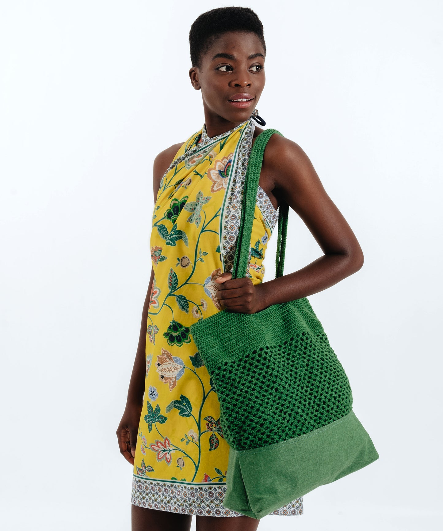 Tambour Market Tote in color Amazon Green on a model