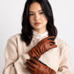 Ruched Leather Glove in color Chestnut on a model