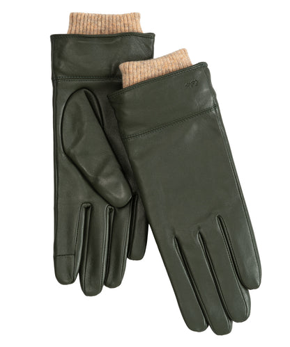 Rib Cuff Leather Glove in color forest green