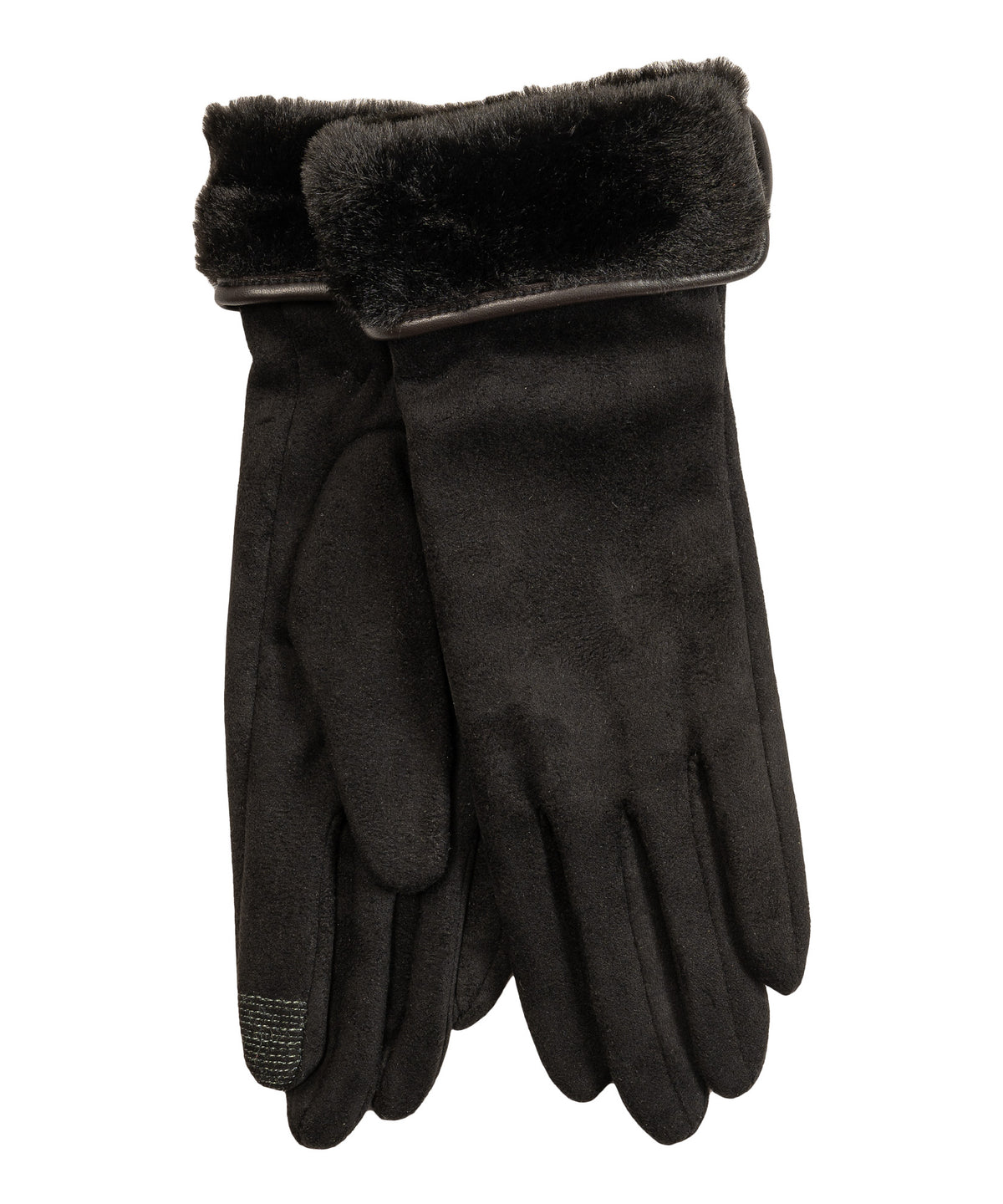 Stretch Suede Fold-up Faux Fur Cuff Gloves in color black