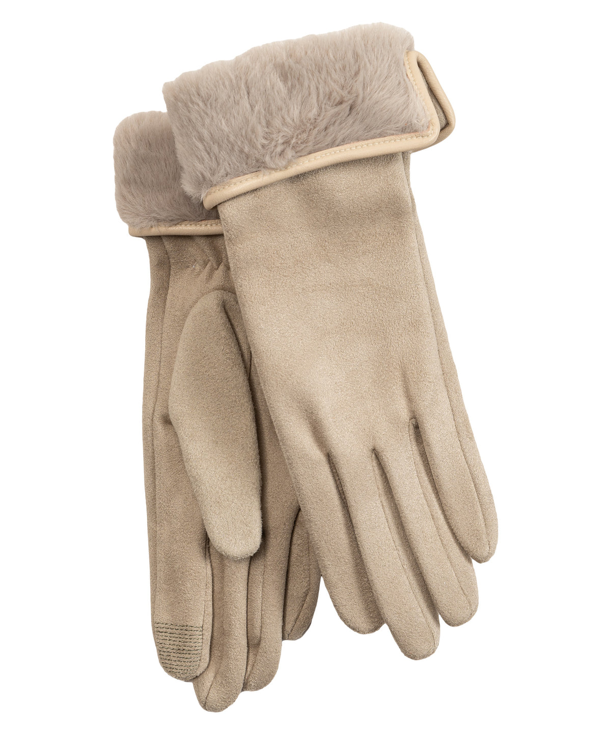 Stretch Suede Fold-up Faux Fur Cuff Gloves in color cream