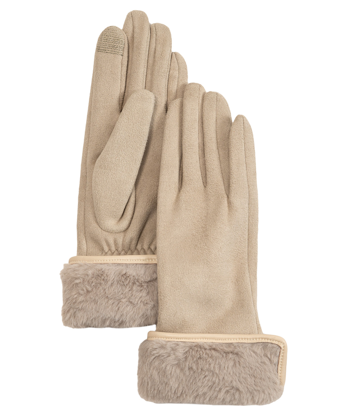 Stretch Suede Fold-up Faux Fur Cuff Gloves in color cream