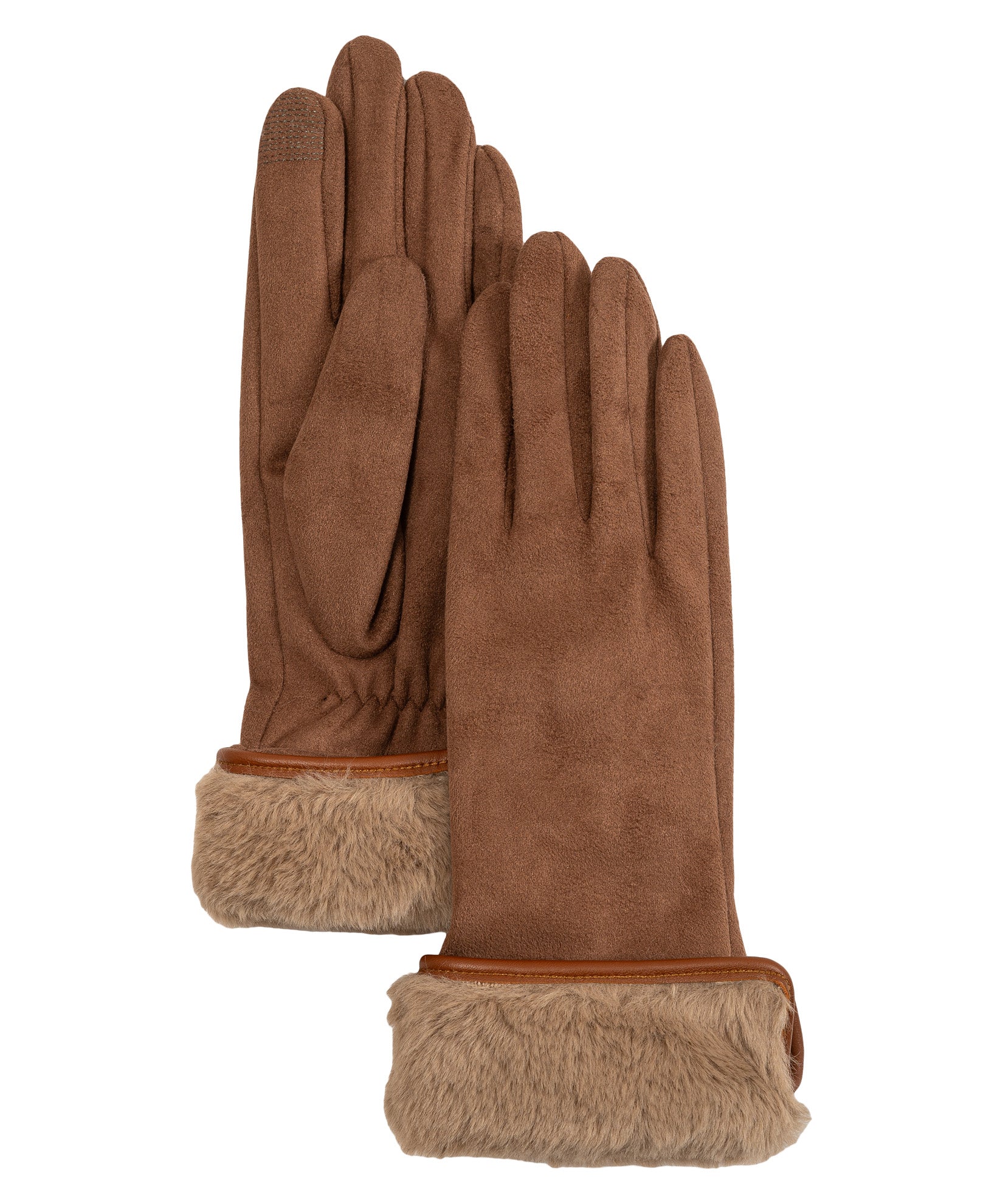 Stretch Suede Fold-up Faux Fur Cuff Gloves in color chestnut
