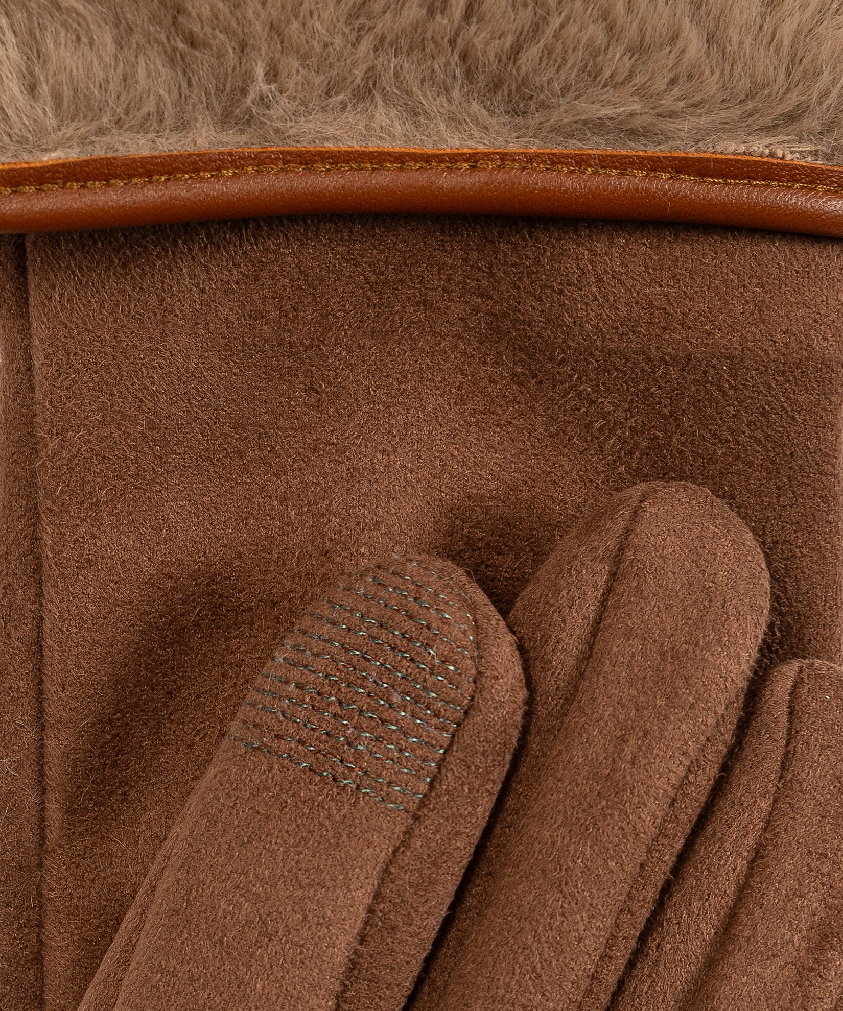 Stretch Suede Fold-up Faux Fur Cuff Gloves in color chestnut