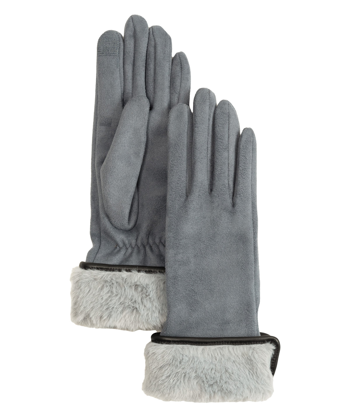 Stretch Suede Fold-up Faux Fur Cuff Gloves in color denim blue