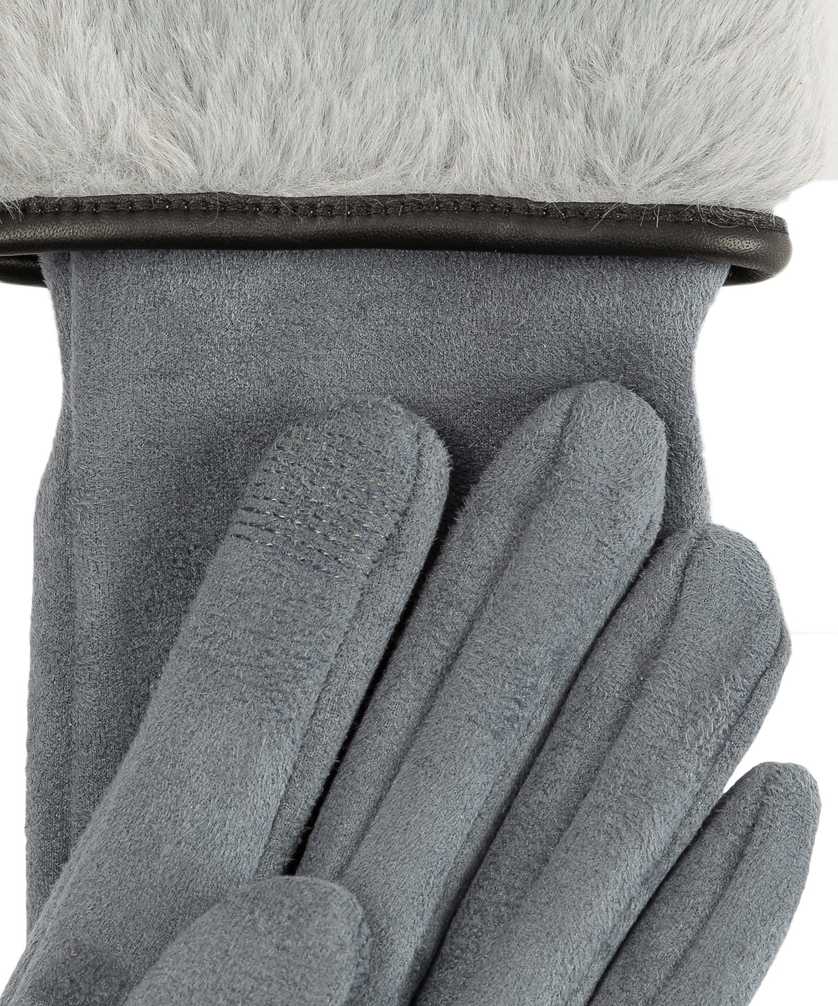 Stretch Suede Fold-up Faux Fur Cuff Gloves in color denim blue