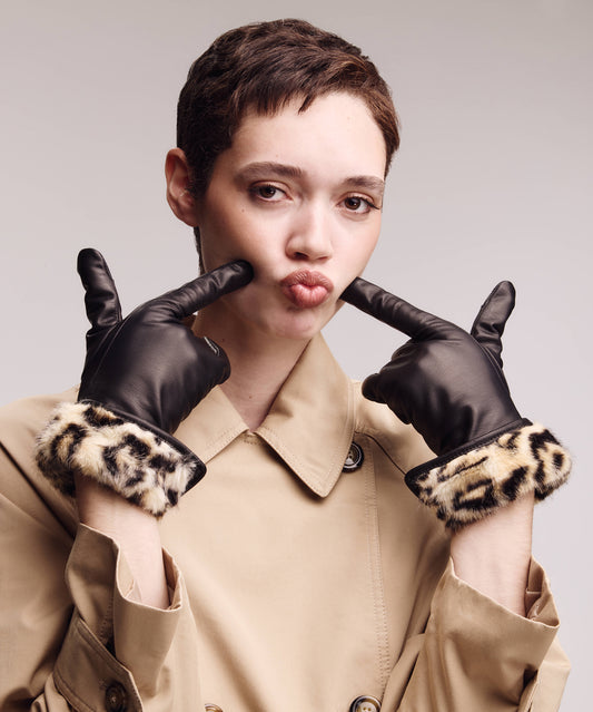 Leopard Faux Fur Leather Gloves in Black