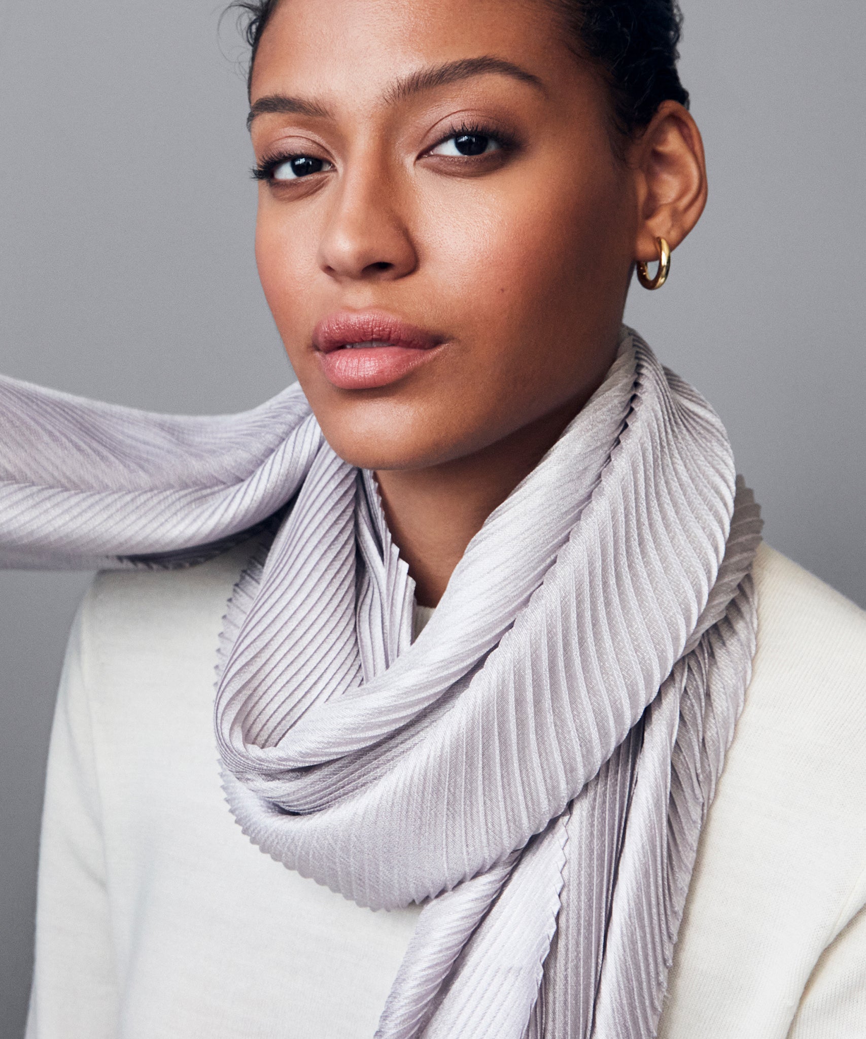 Pleated Radiance Wrap in color Silver on a model