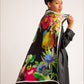 Model wearing A Snail's Tale 35" Silk Scarf in Black over a black trenchcoat