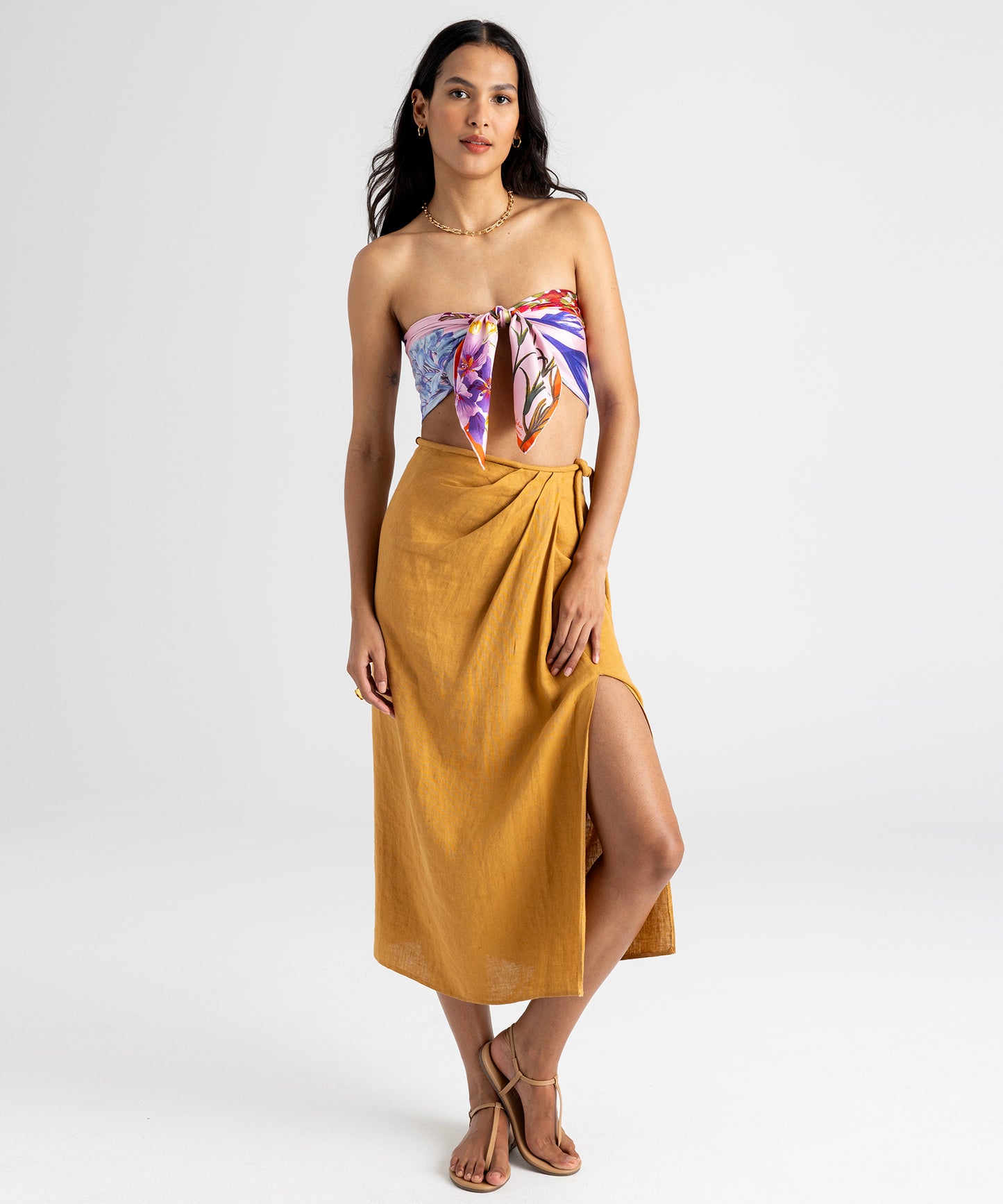 Model wearing Botanica Silk Square in color Seashell