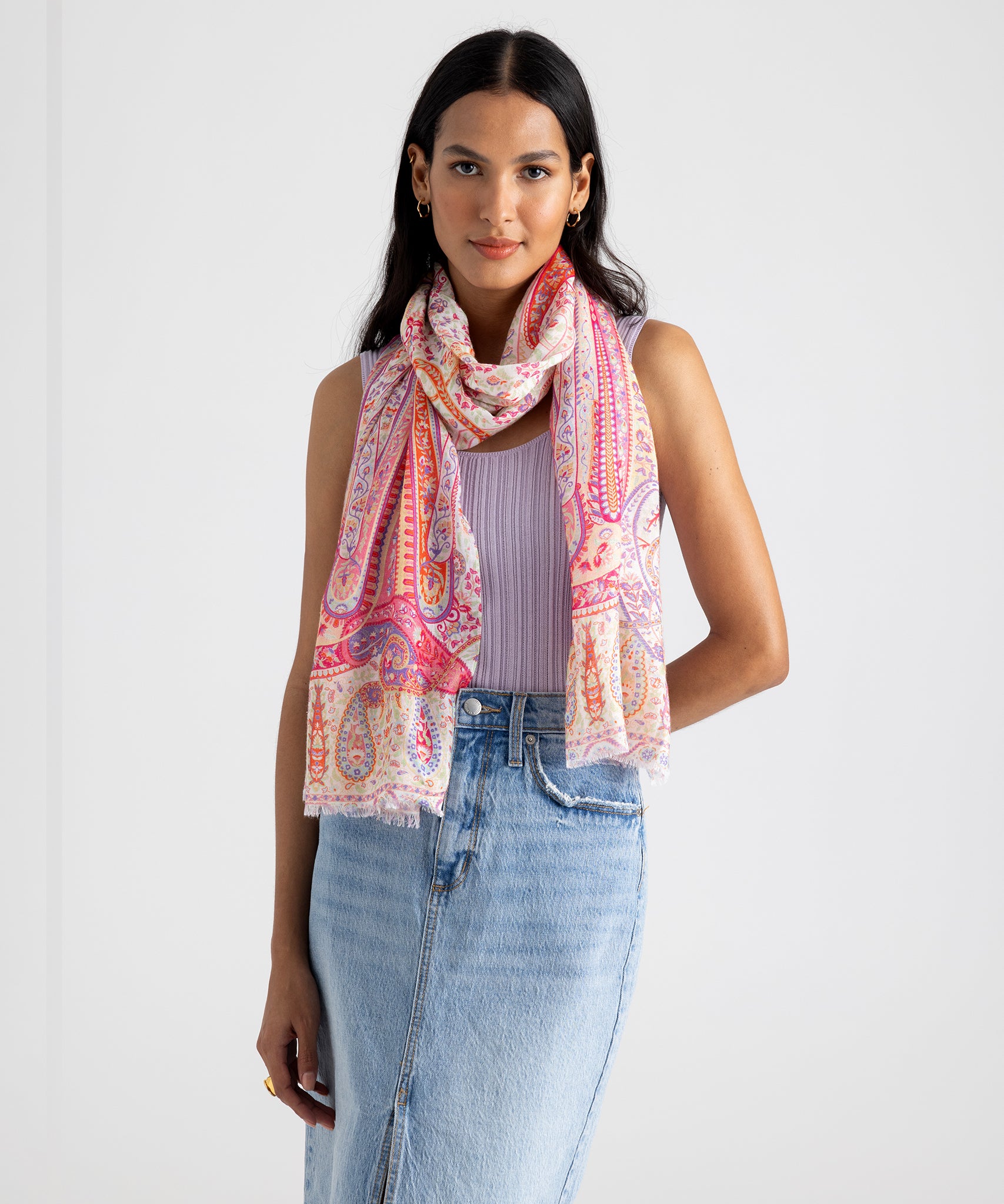 Palermo Paisley Wrap in color Sunkissed Coral on model