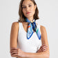 Model wearing Portovenere Silk Bandana in color Sea Blue