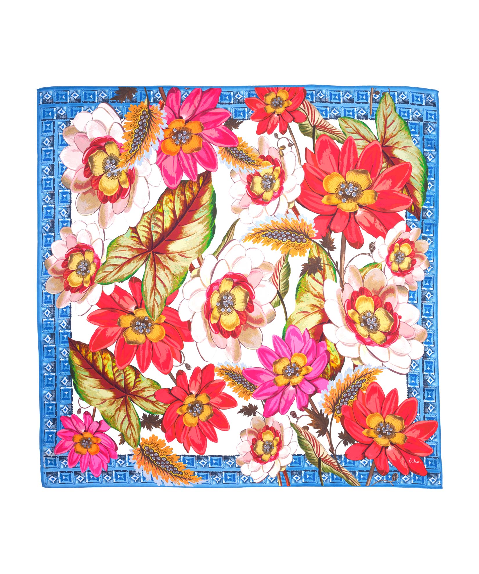 Tropical Floral 35" Silk Square Scarf in color vista blue