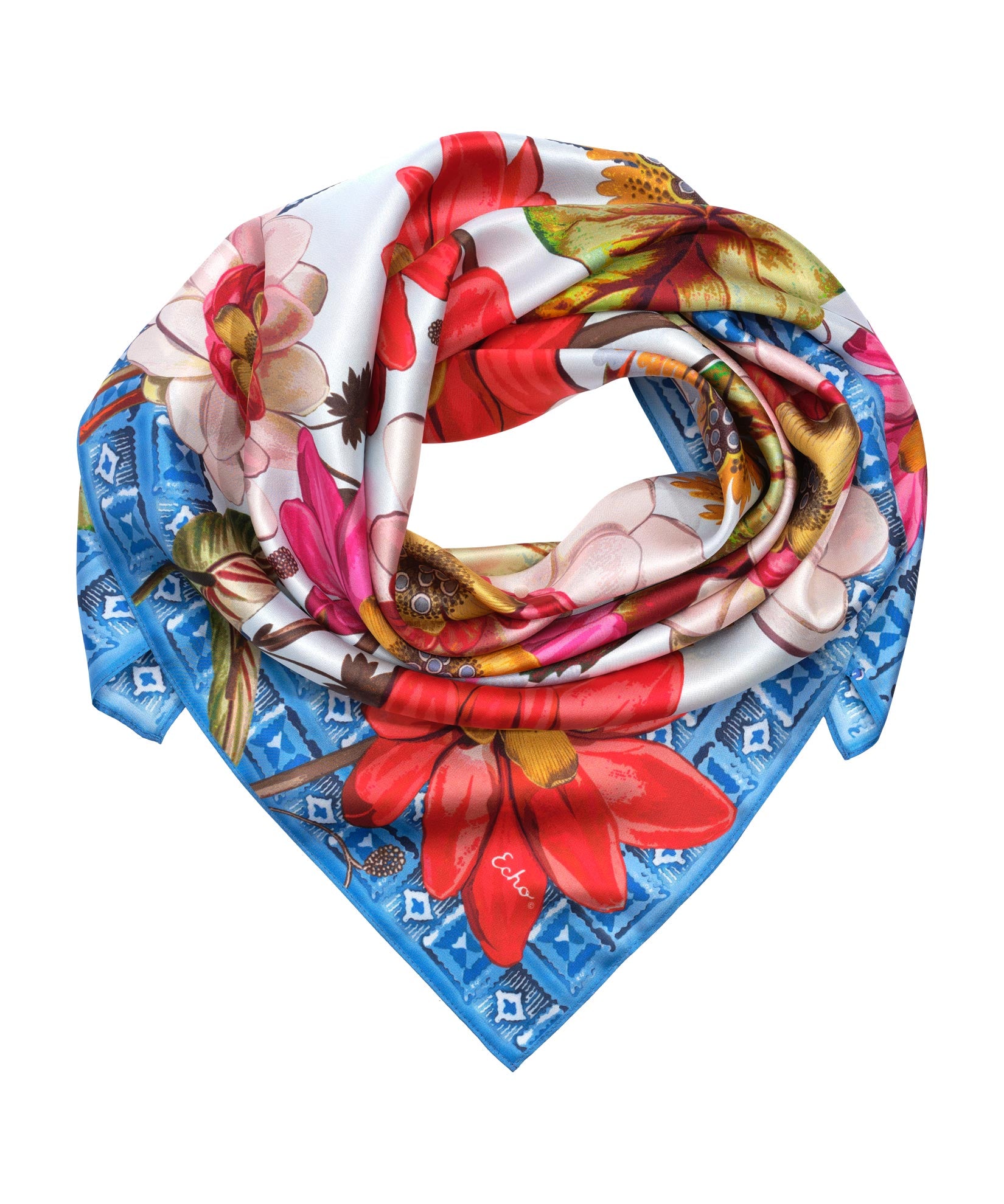 Tropical Floral 35" Silk Square Scarf in color vista blue