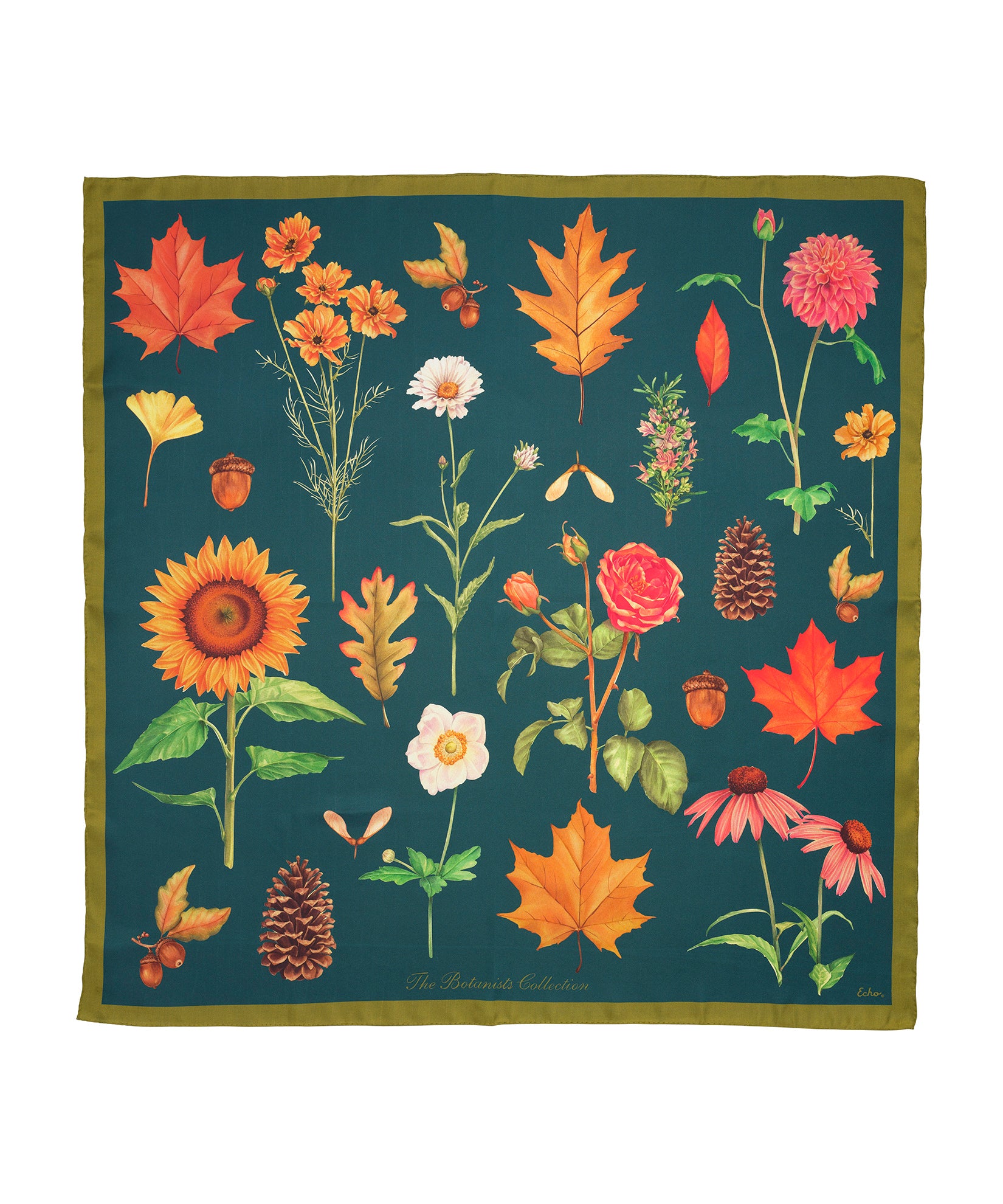 The Botanists 35" Silk Square Scarf in color bottle green