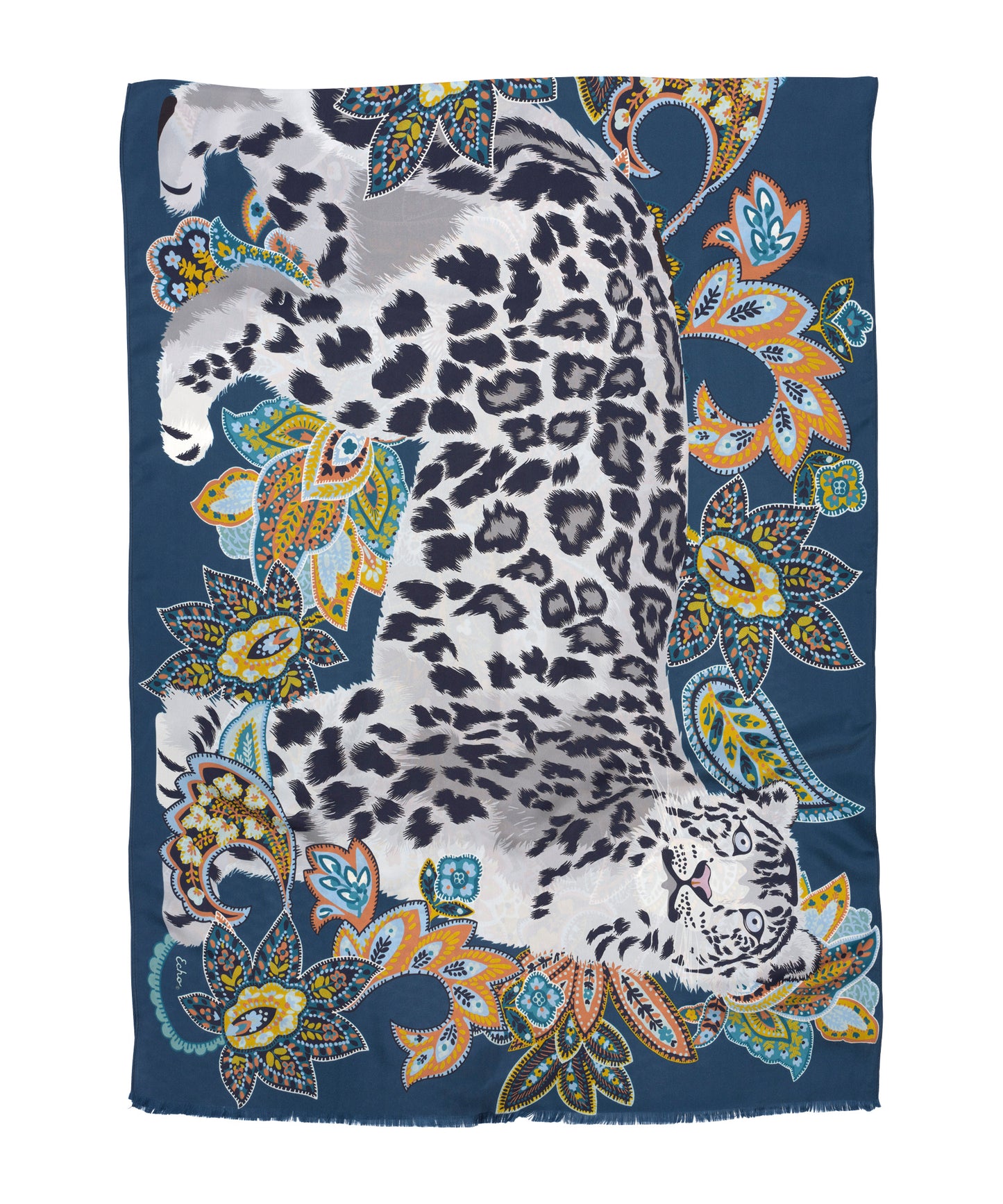 Snow Leopard Silk Wrap in color denim blue