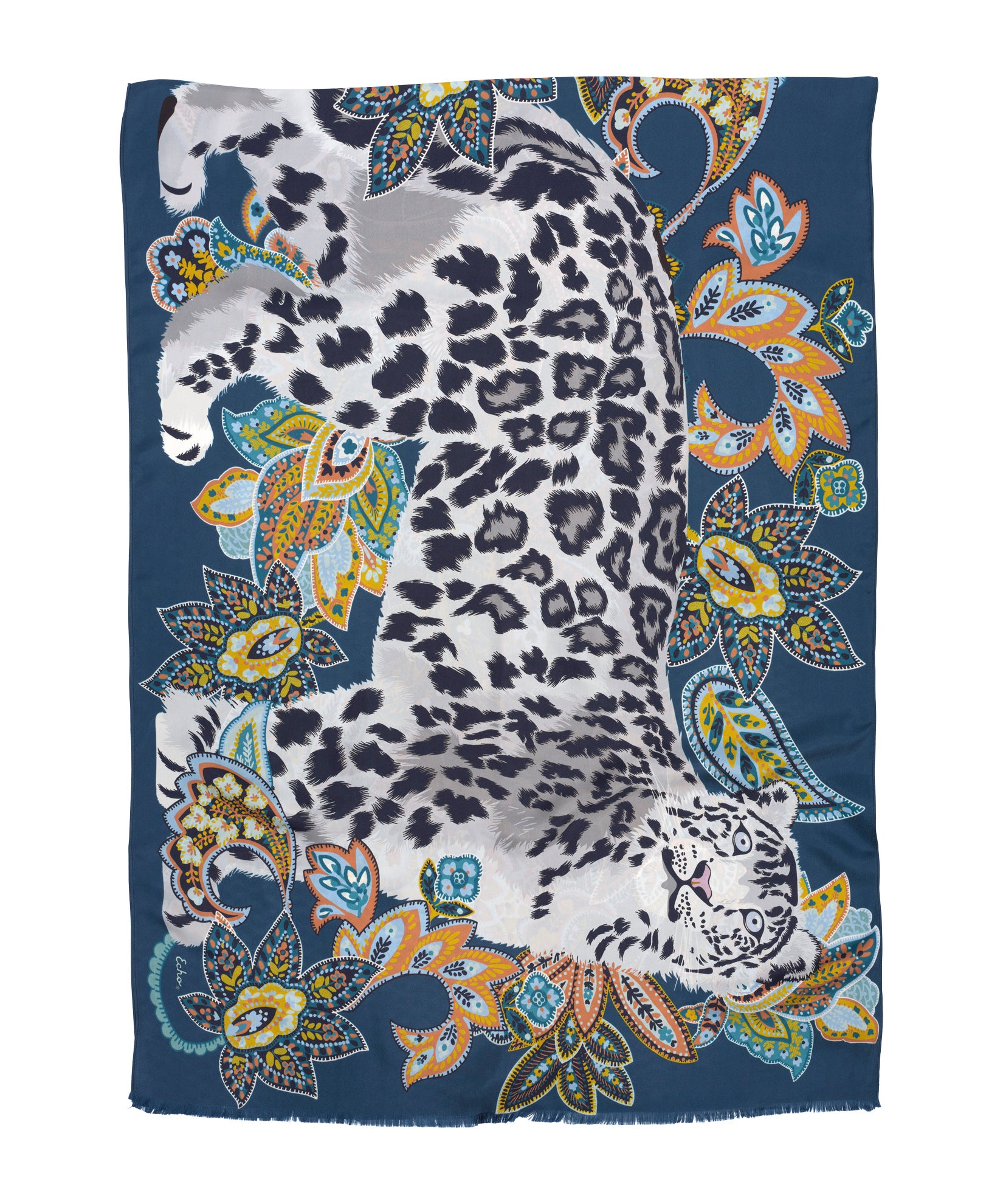 Snow Leopard Silk Wrap in color denim blue