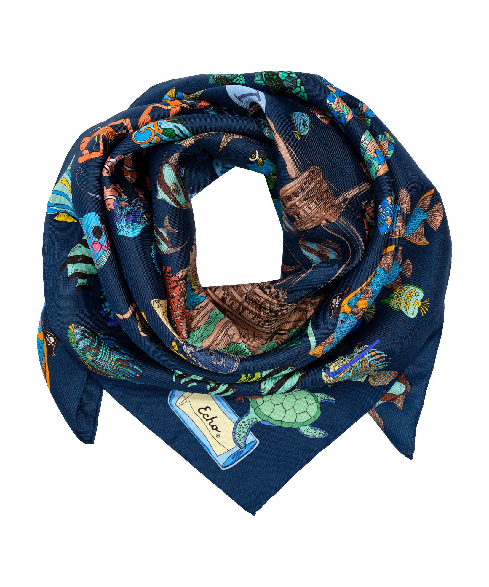 Lost At Sea 35" Silk Square Scarf in color navy