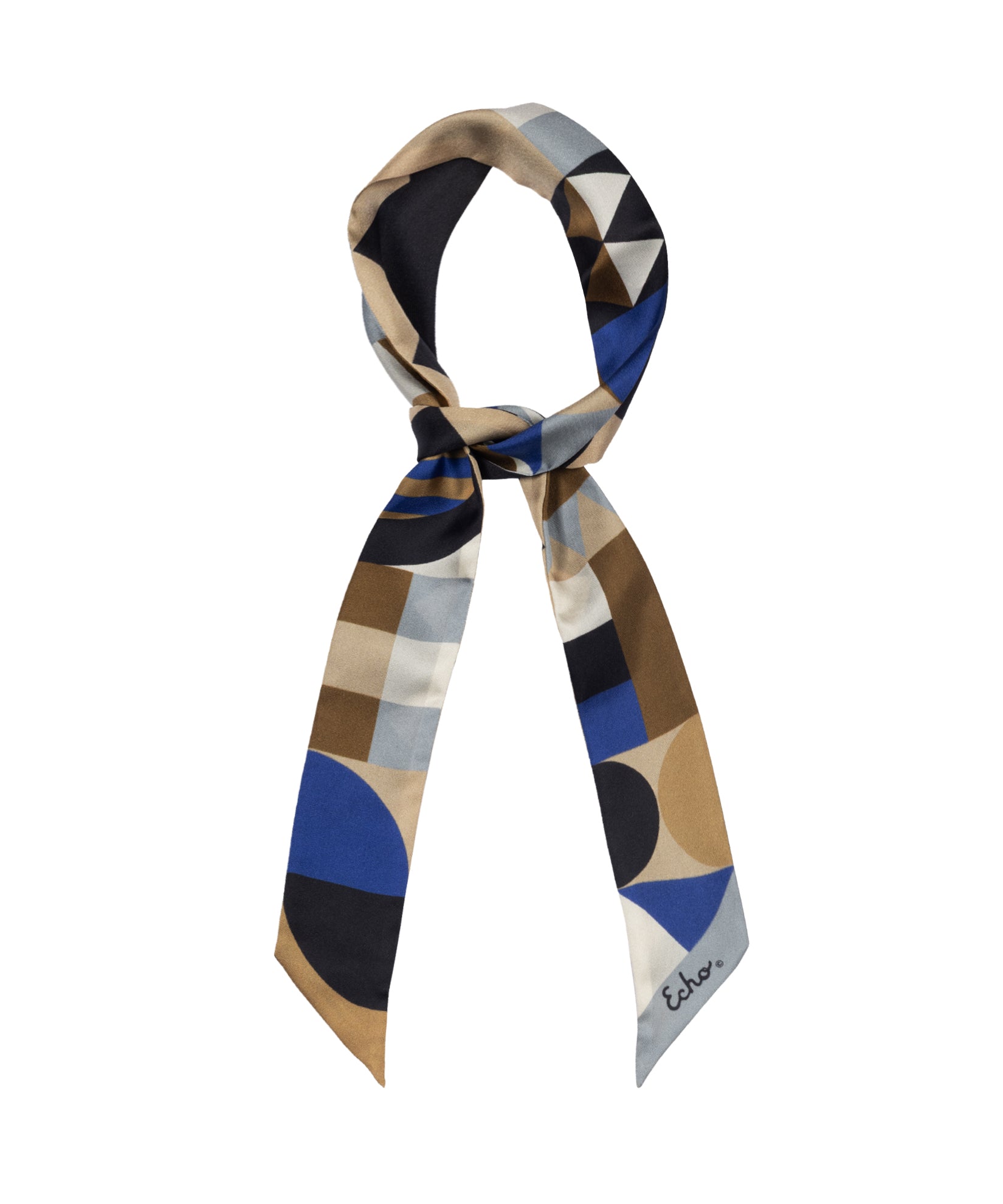 Blue and Brown Modernist Geo Silk Ribbon Scarf