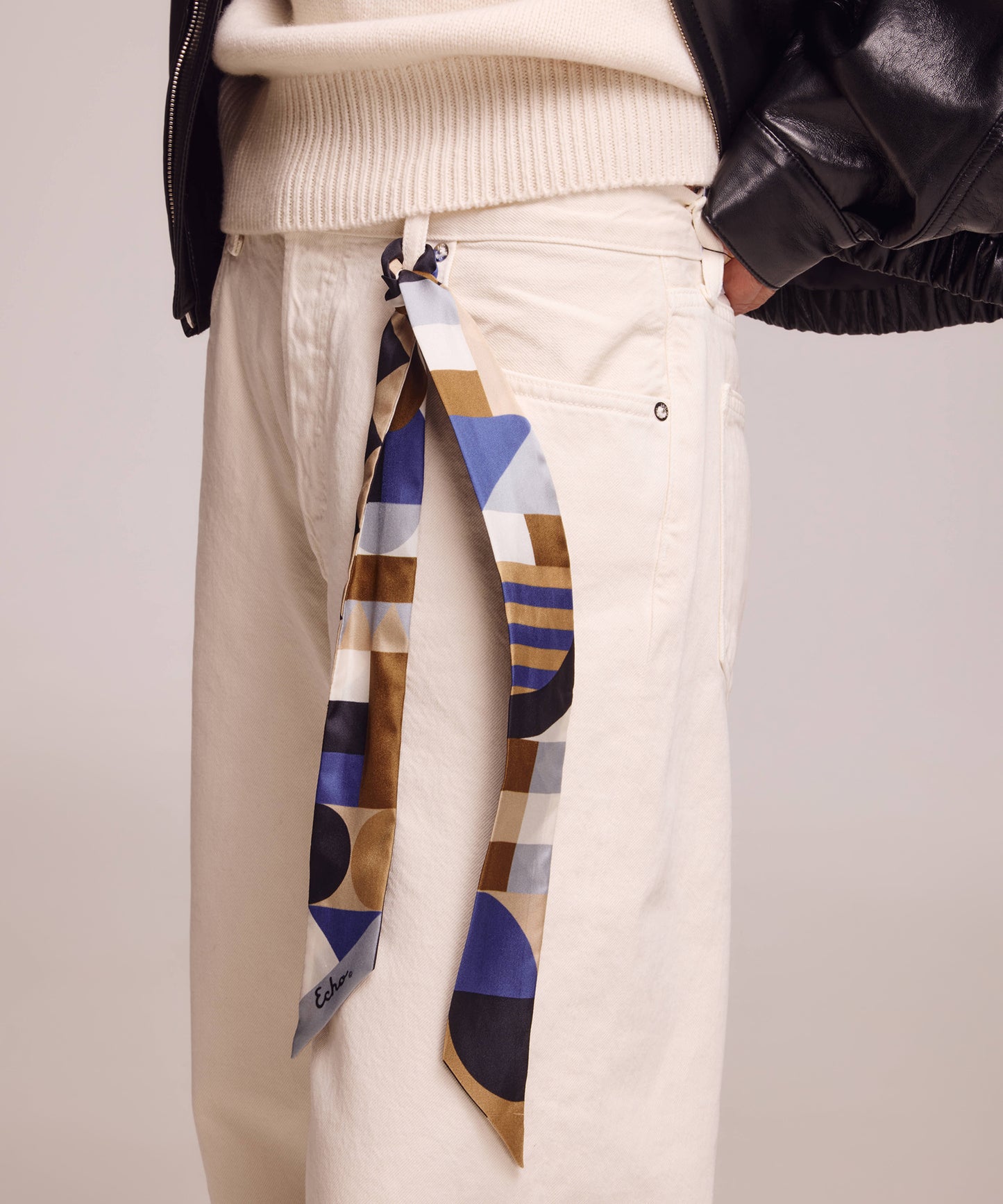 Blue and Brown Modernist Geo Silk Ribbon Scarf