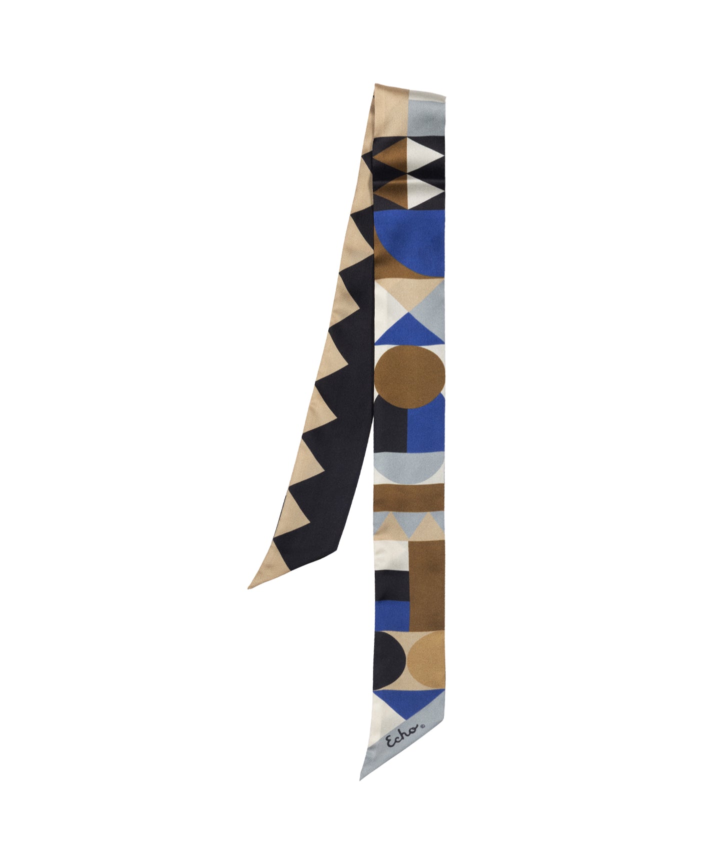 Blue and Brown Modernist Geo Silk Ribbon Scarf