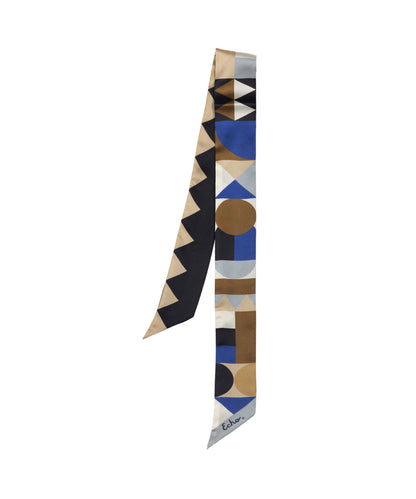 Blue and Brown Modernist Geo Silk Ribbon Scarf