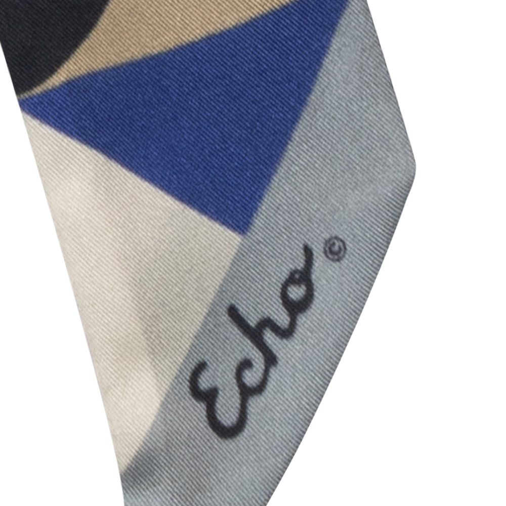 Blue and Brown Modernist Geo Silk Ribbon Scarf