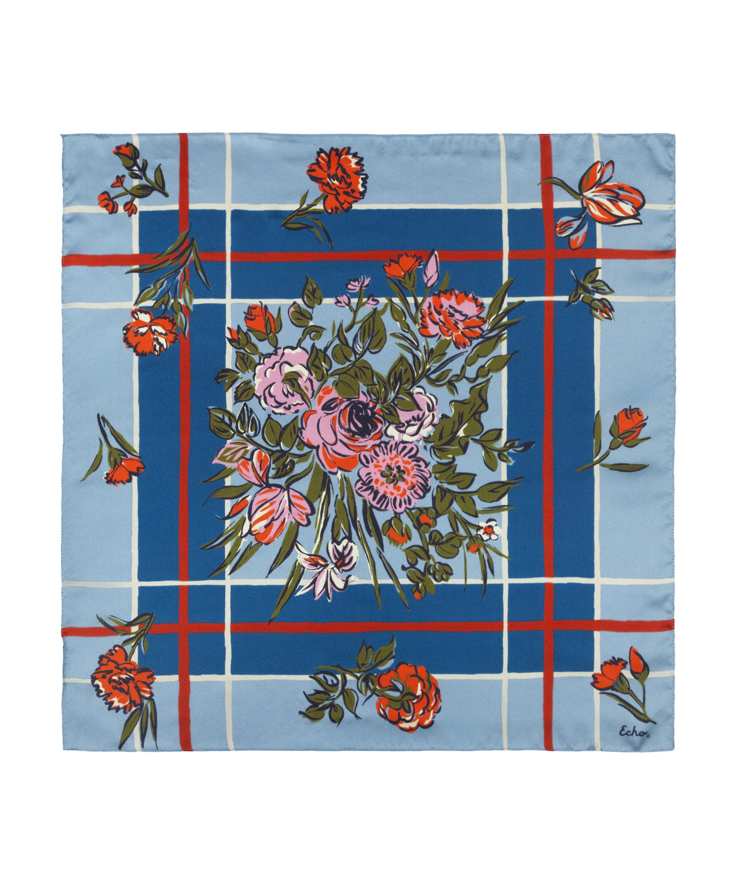 Cottage Bouquet Silk Scarf in Denim Blue