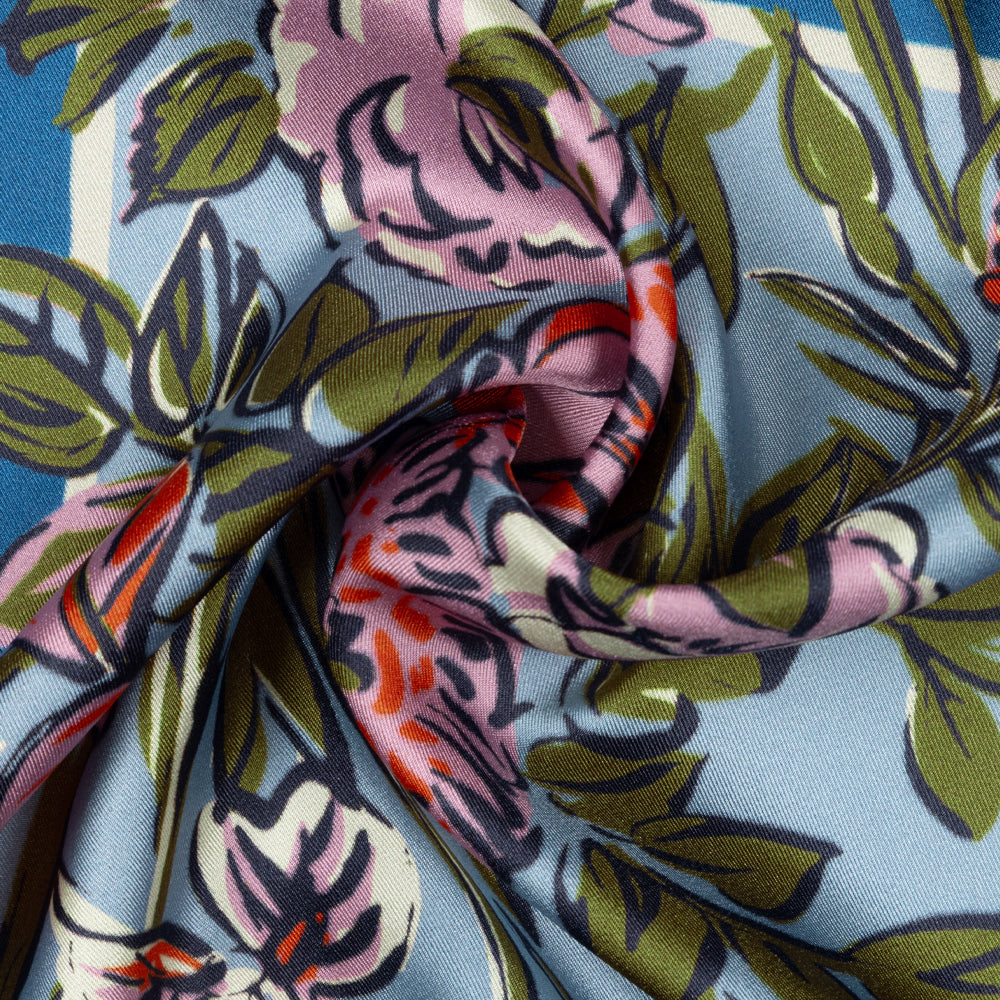 Cottage Bouquet Silk Scarf in Denim Blue