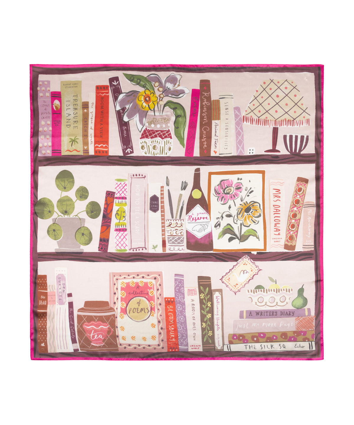 Bookshelf Silk Square Scarf in pink