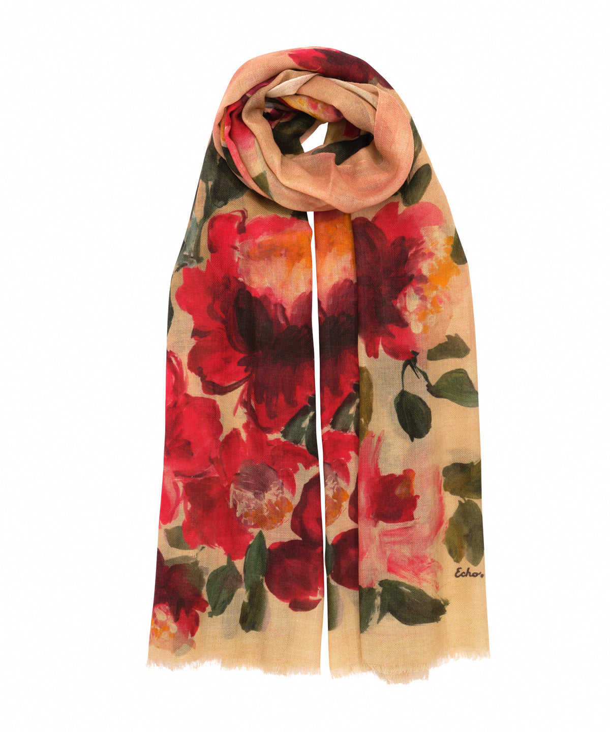Beige Painterly Floral Wrap with red flowers 